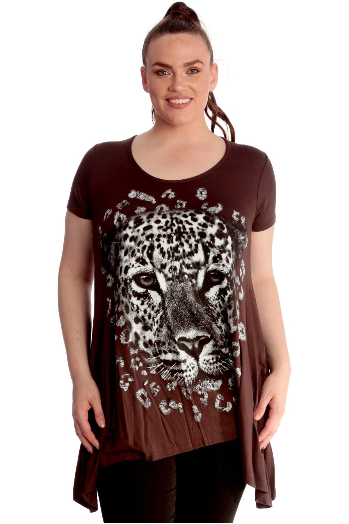 Leopard Print Hanky Hem Short Sleeve Top Tops WearAll Brown 14