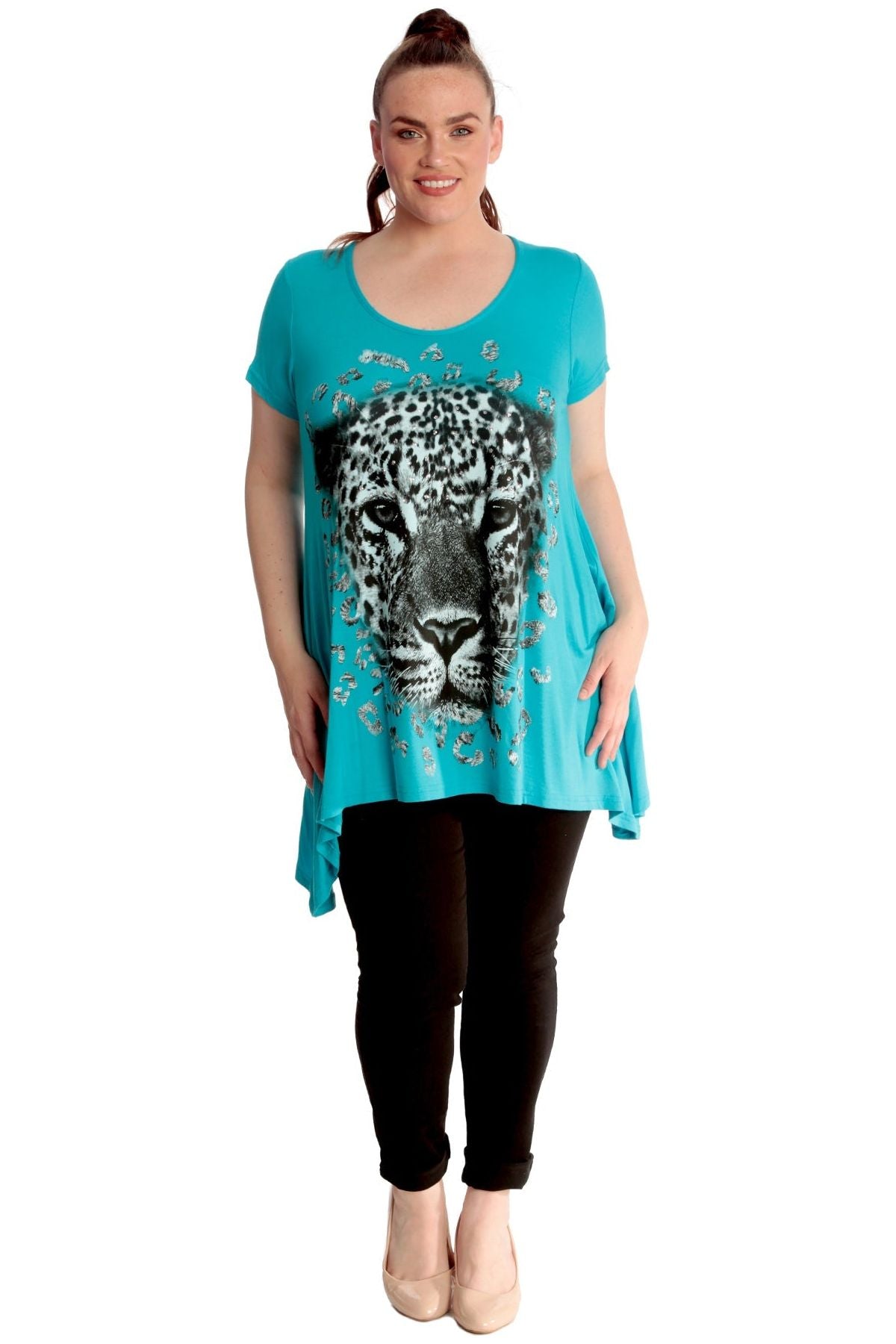 Leopard Print Hanky Hem Short Sleeve Top