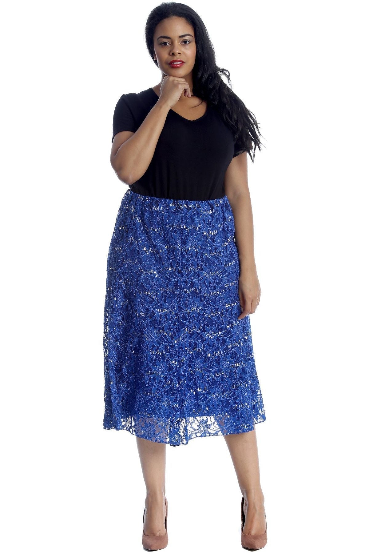 Floral Lace Lined Sequin Flared Midi Skirt Skirt WearAll