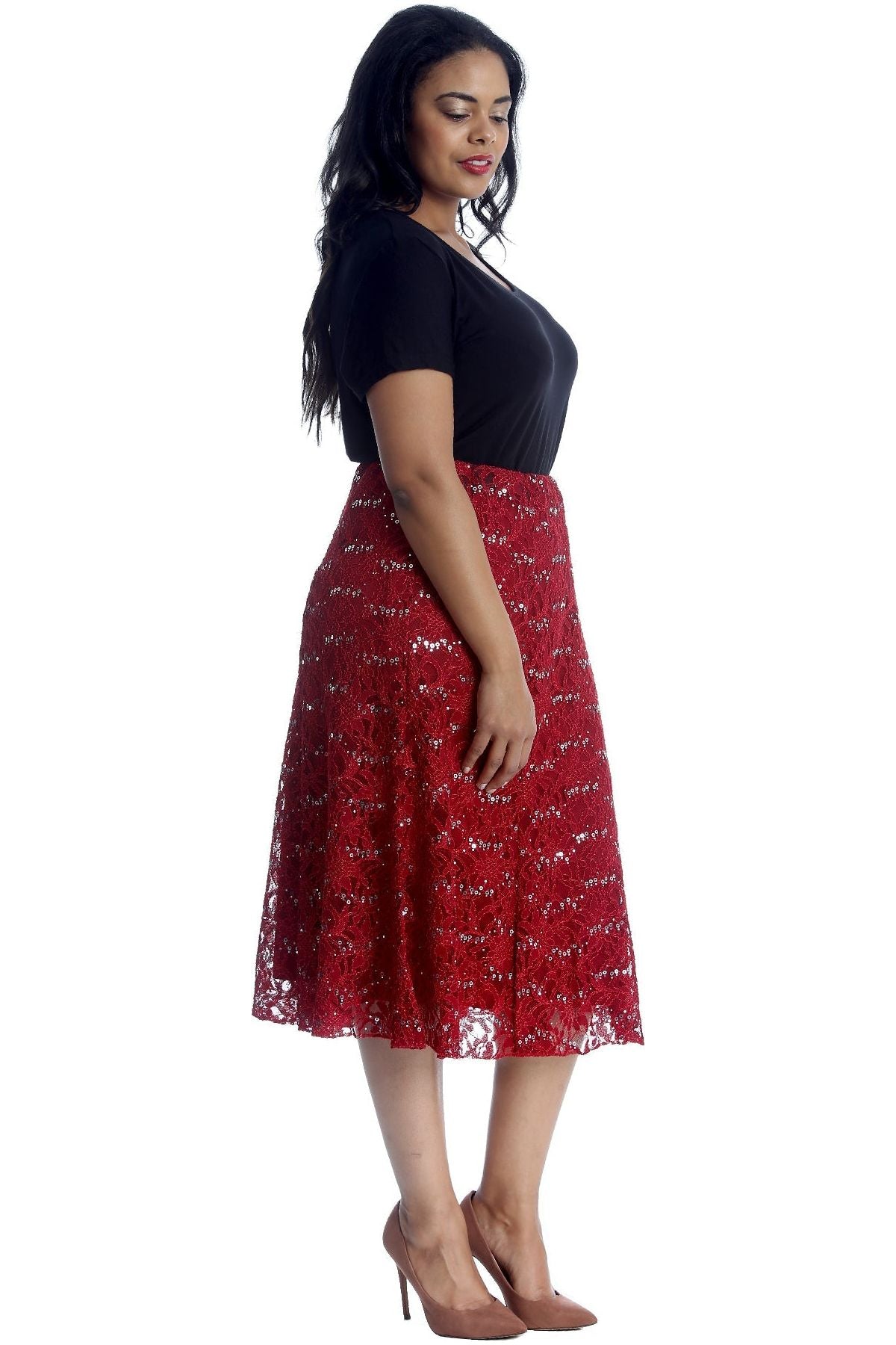 Floral Lace Lined Sequin Flared Midi Skirt Skirt WearAll