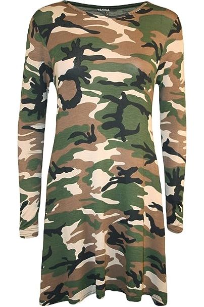 Plus Size Army Print Long Sleeve Swing Dress Top Dress WearAll