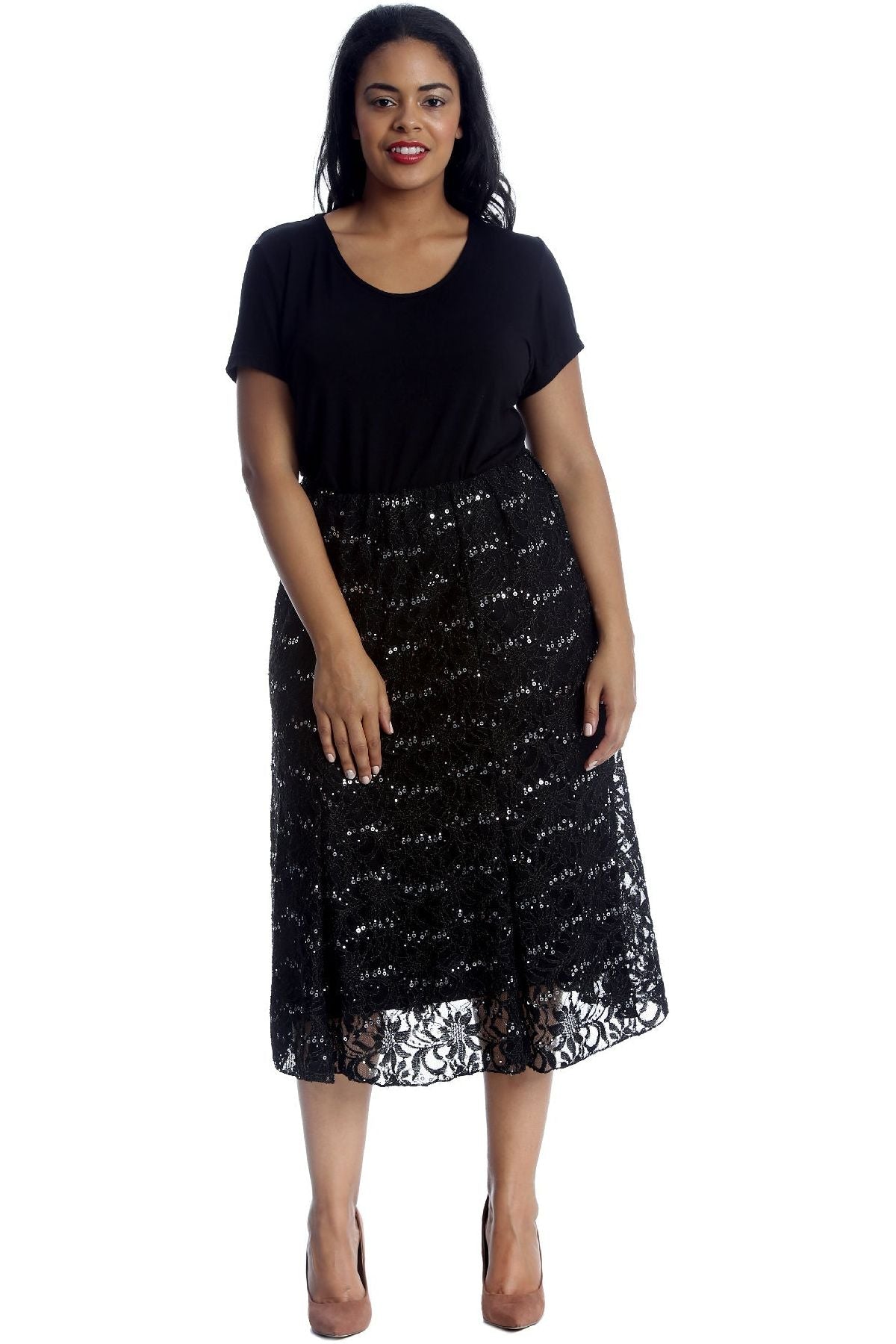 Floral Lace Lined Sequin Flared Midi Skirt Skirt WearAll