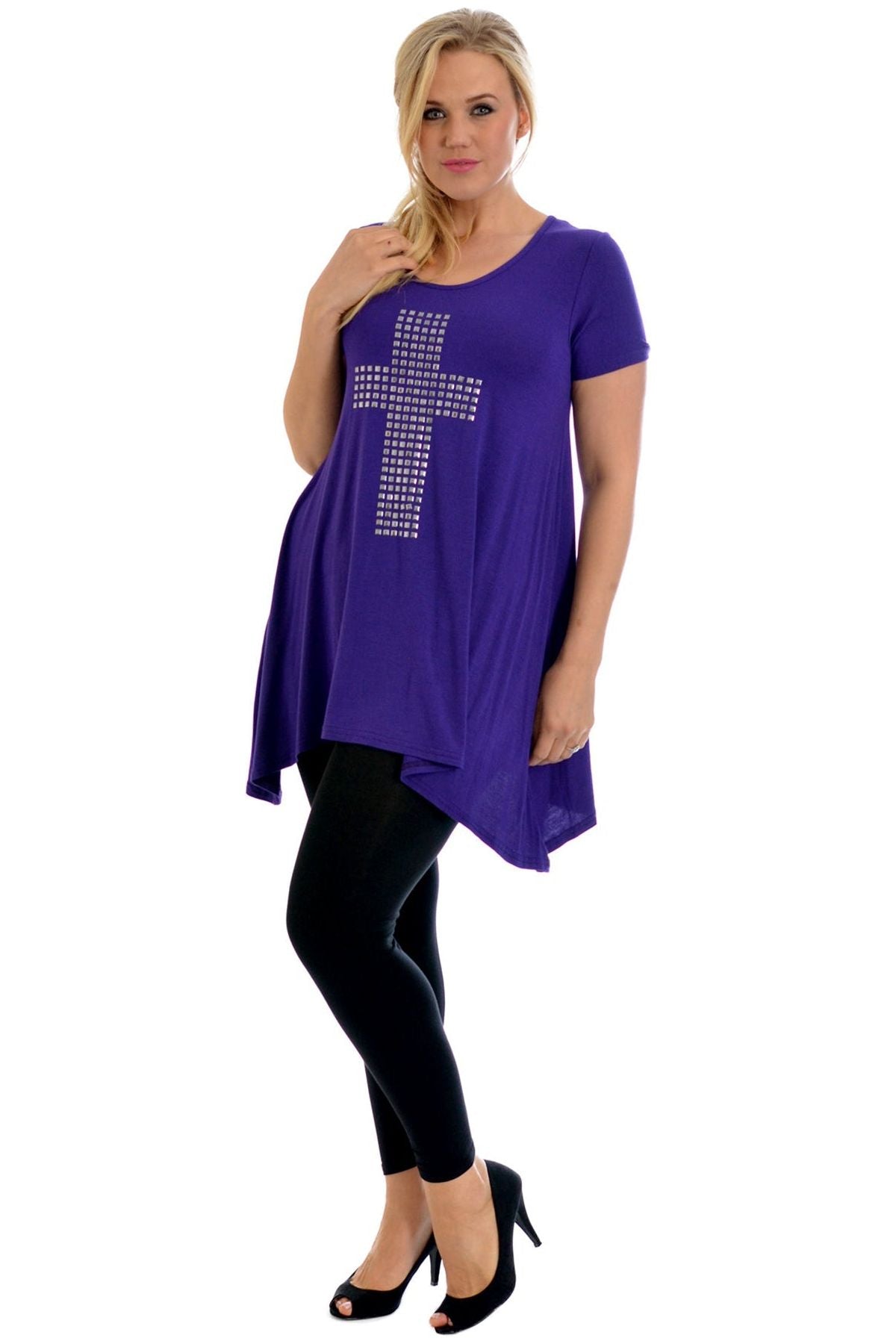 Cross Metallic Stud Hanky Hem Short Sleeve Top Apparel & Accessories WearAll