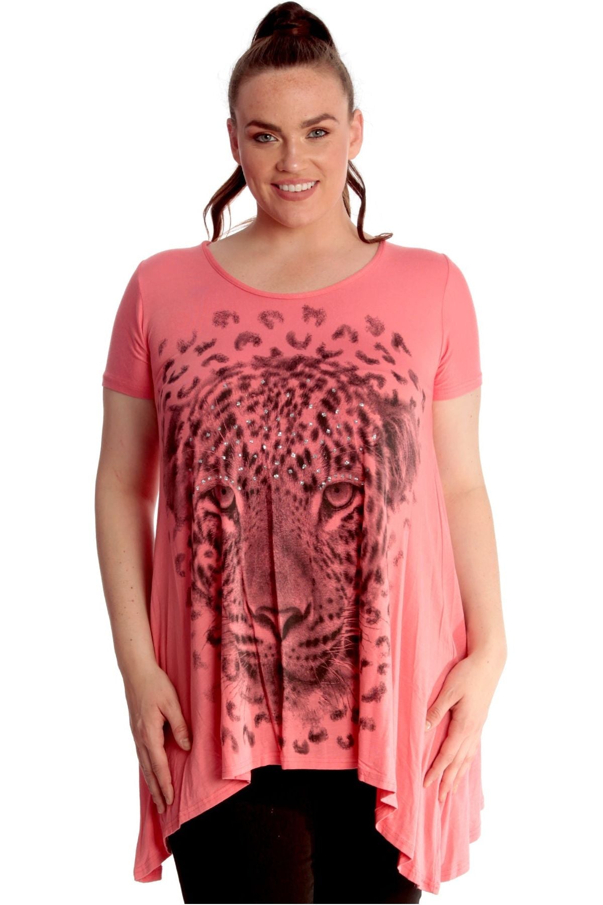Leopard Print Hanky Hem Short Sleeve Top Tops WearAll Coral 14