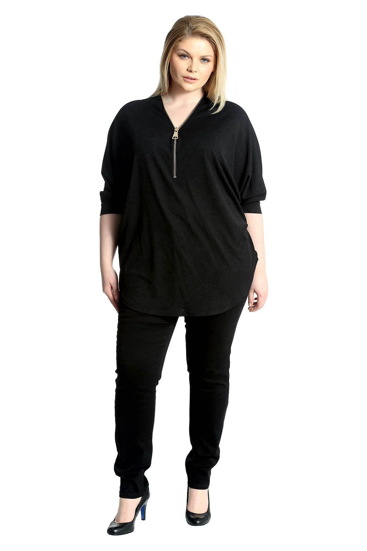 Plus Size Zip Curved Hem V-Neck Batwing Sleeve Top Tops WearAll
