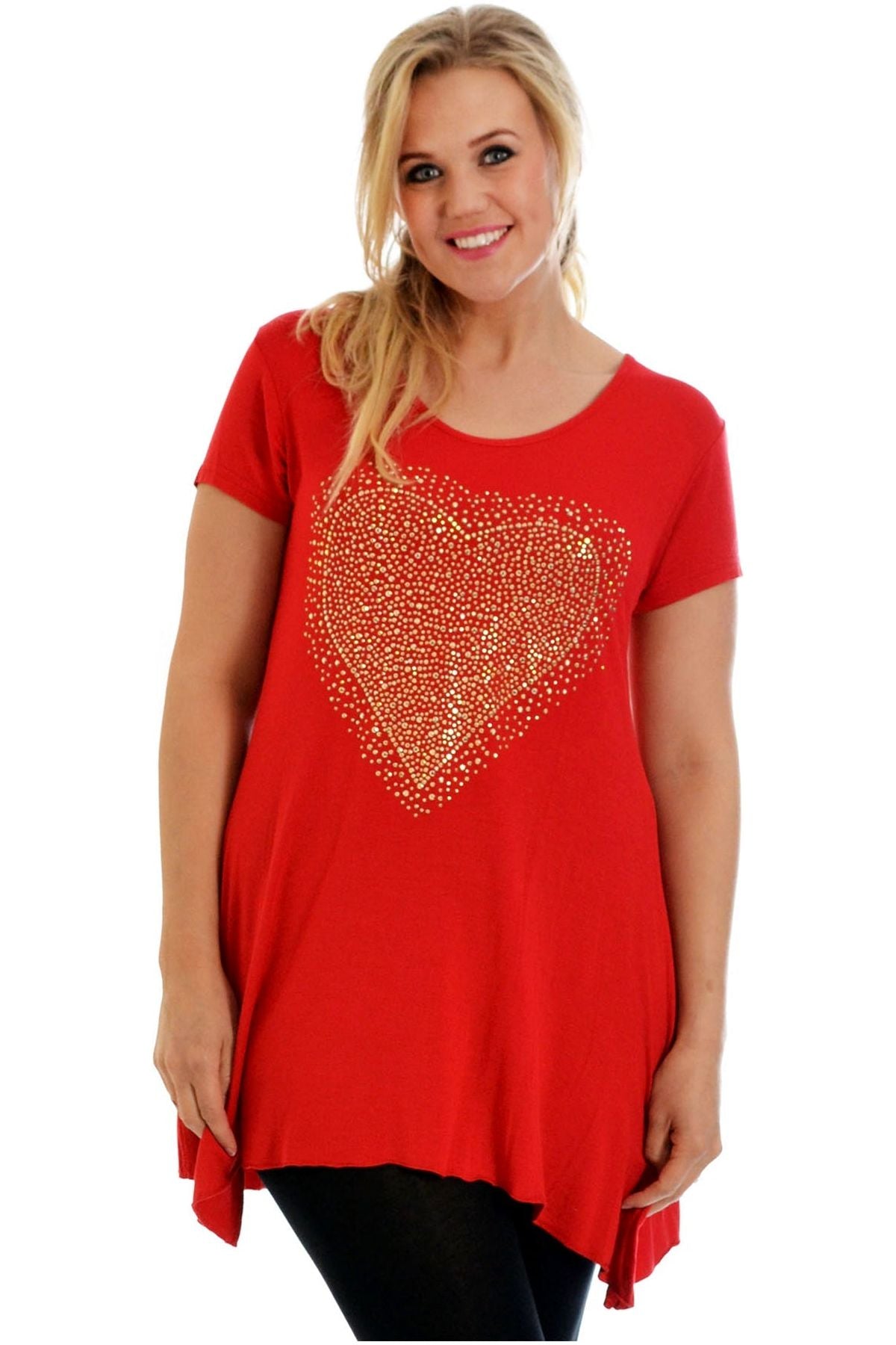 Gold Studded Hanky Hem Short Sleeve Top Apparel & Accessories WearAll Red 14
