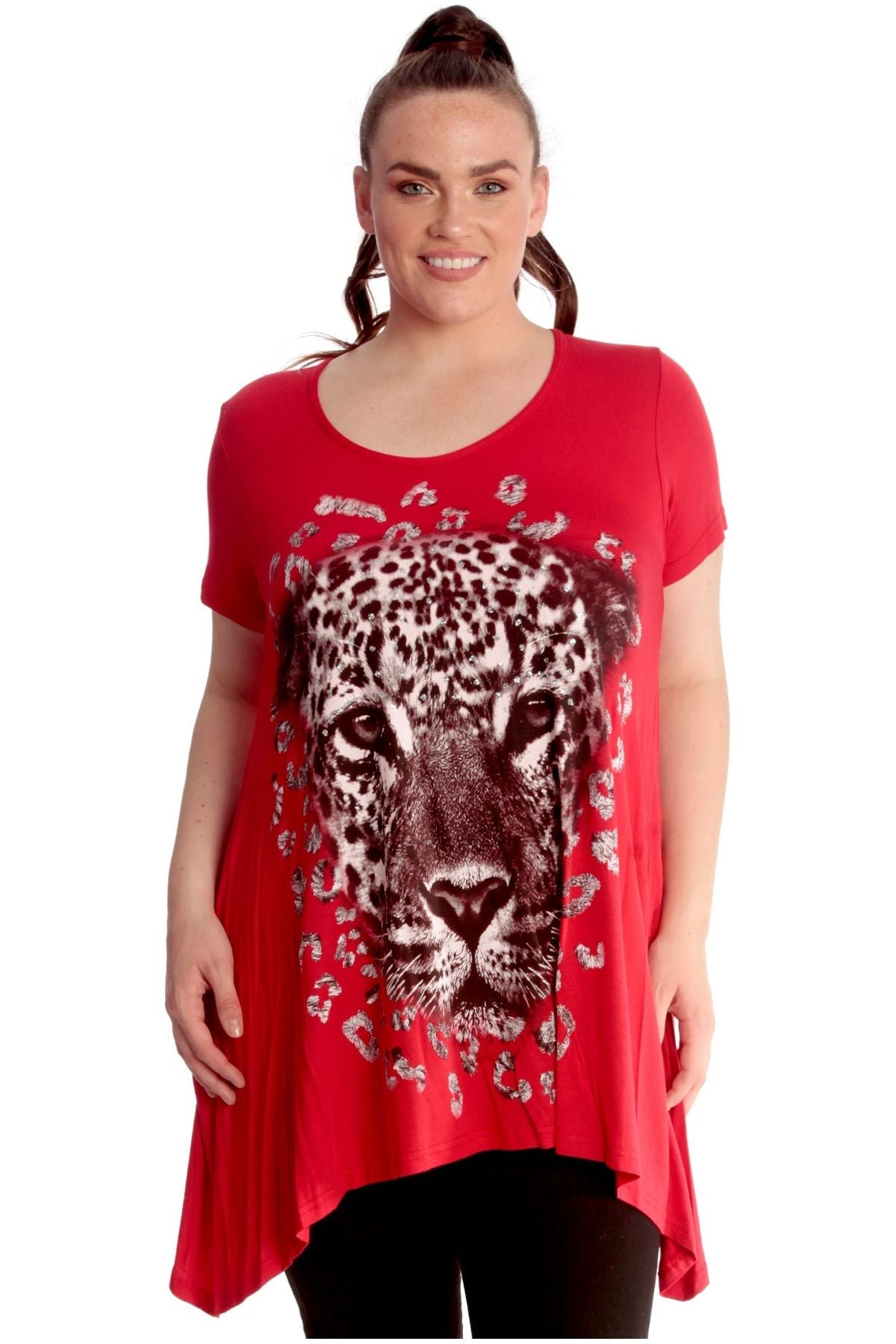 Leopard Print Hanky Hem Short Sleeve Top