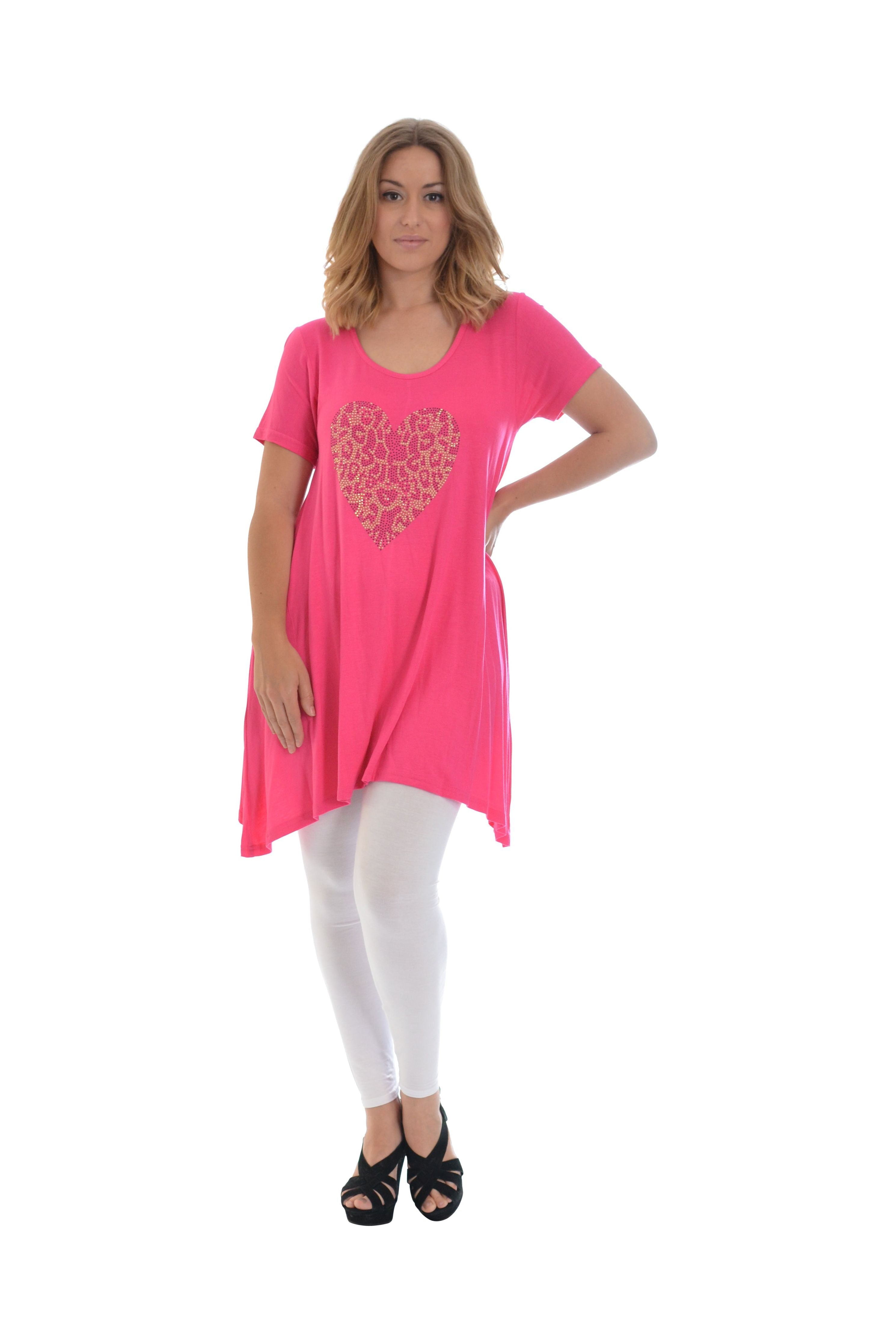 Leopard Print Studded Heart Hanky Hem Short Sleeve Top Apparel & Accessories WearAll