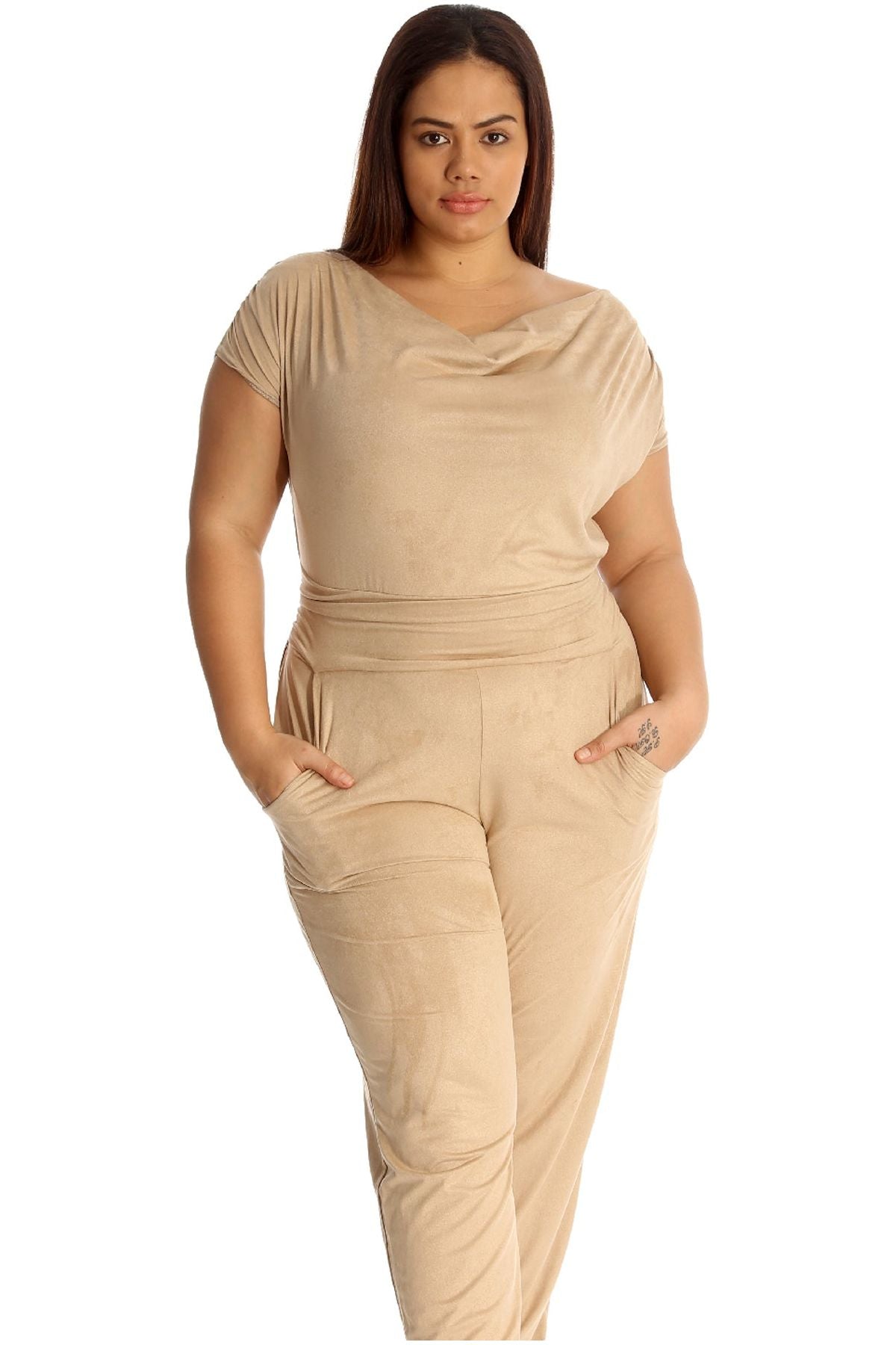 Plus Size Cowl Neck Pocket Belted Jumpsuit Jumpsuit WearAll Mocha 18