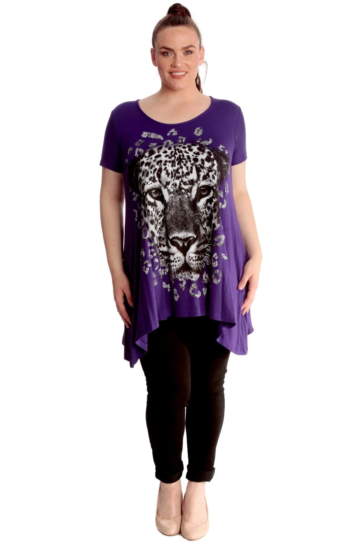 Leopard Print Hanky Hem Short Sleeve Top