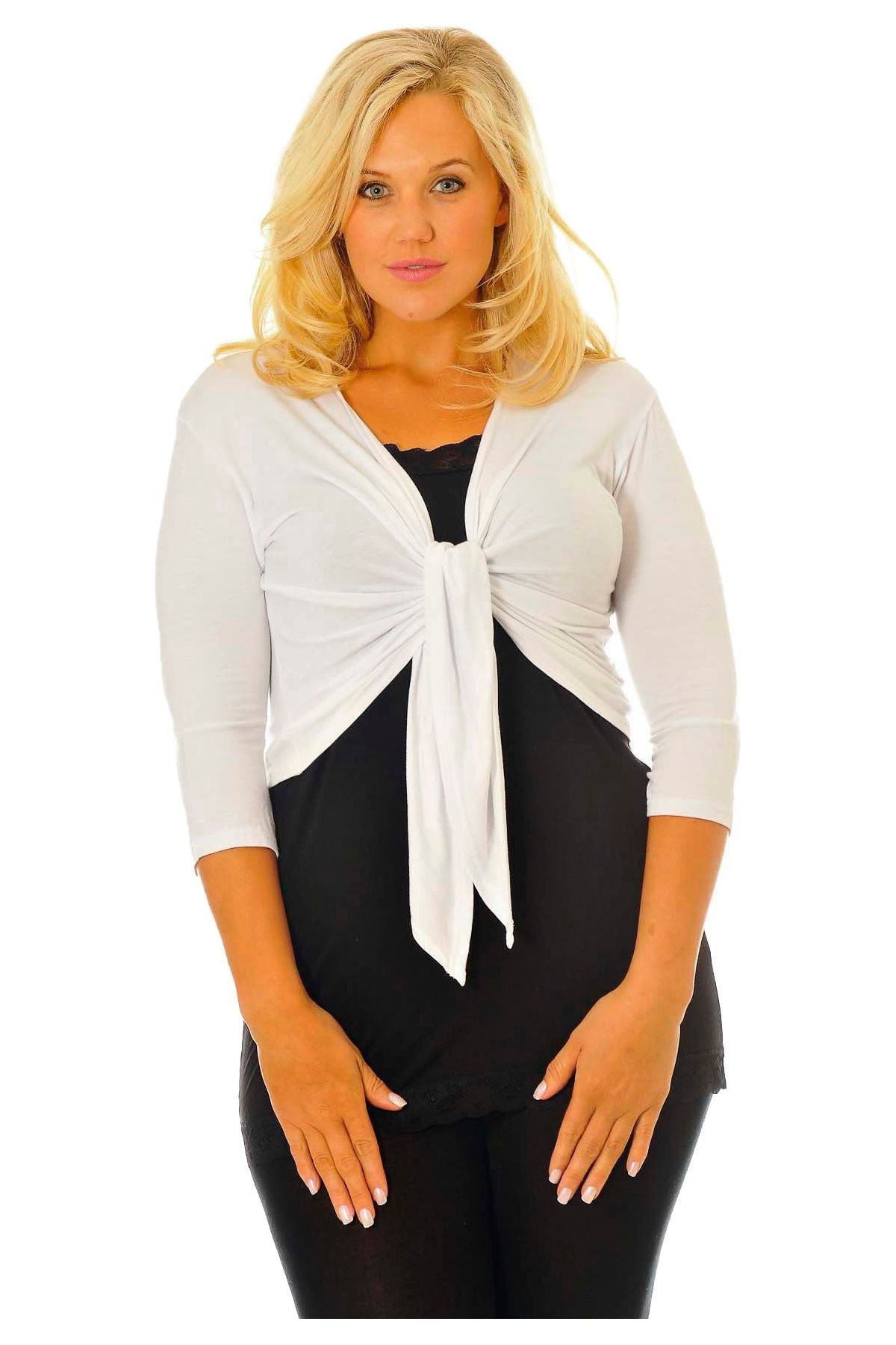 Plus Size 3/4 Sleeve Tie Shrug Tops WearAll White 14