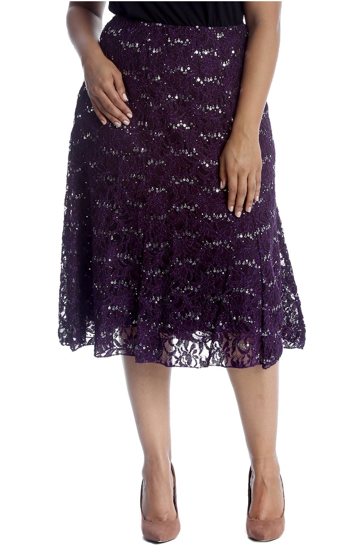 Floral Lace Lined Sequin Flared Midi Skirt Skirt WearAll