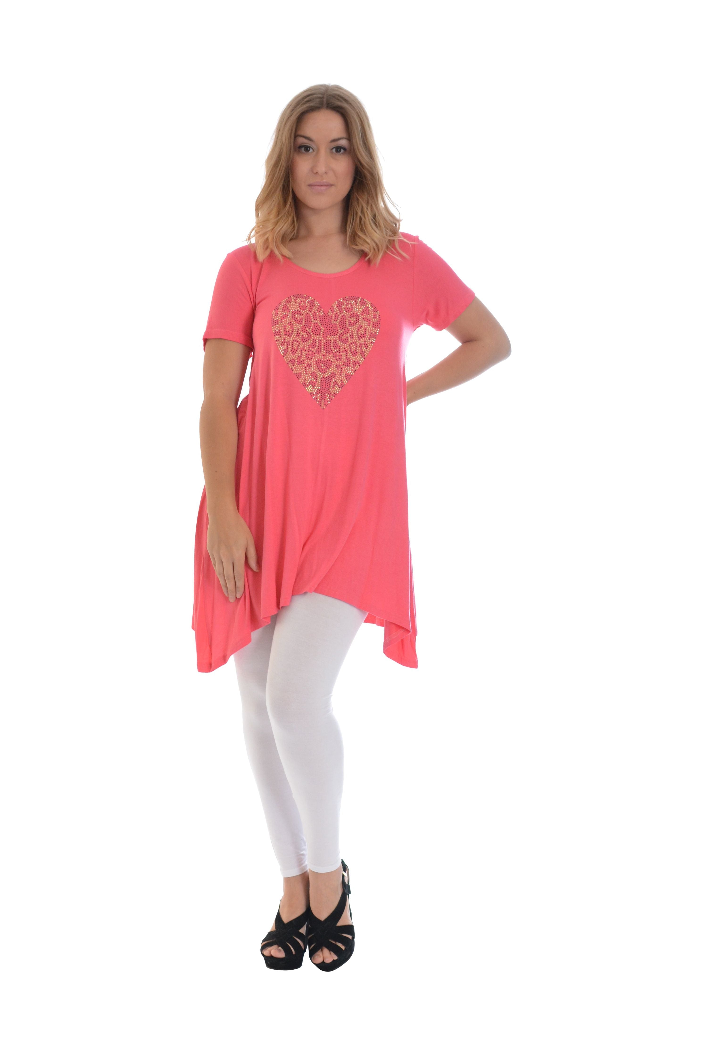 Leopard Print Studded Heart Hanky Hem Short Sleeve Top Apparel & Accessories WearAll