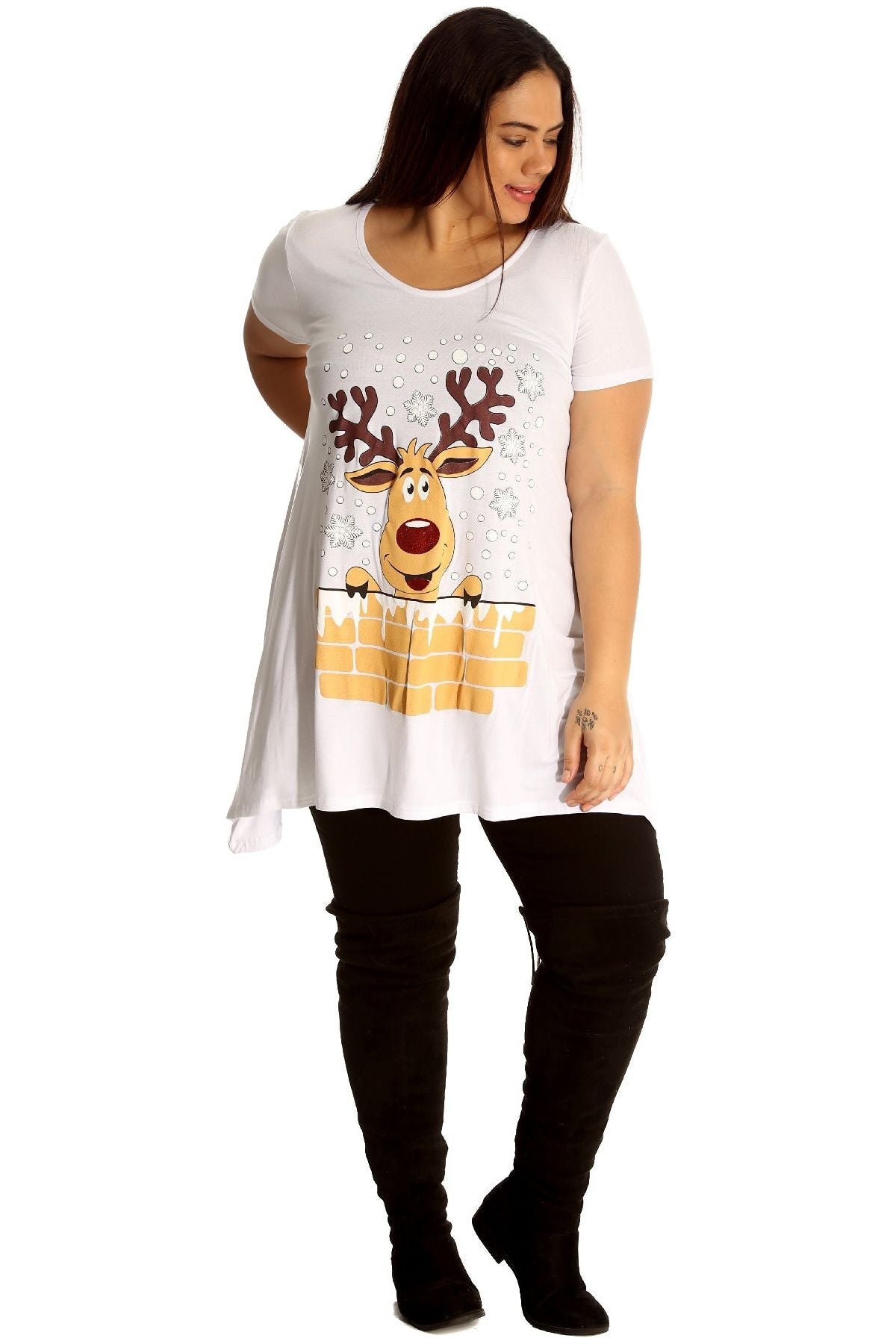 Rudolph on Wall Print Hanky Hem Short Sleeve Top Apparel & Accessories WearAll