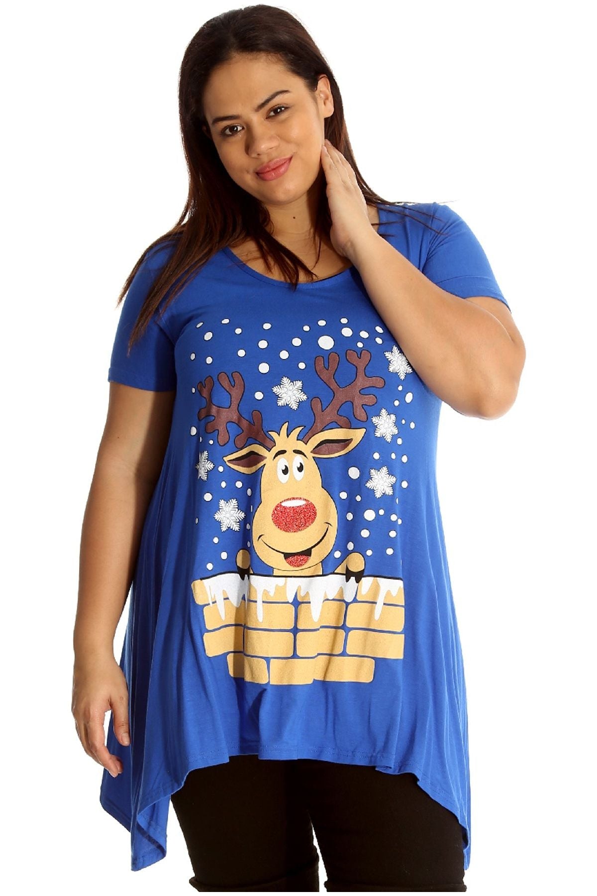 Rudolph on Wall Print Hanky Hem Short Sleeve Top Apparel & Accessories WearAll Royal Blue 14