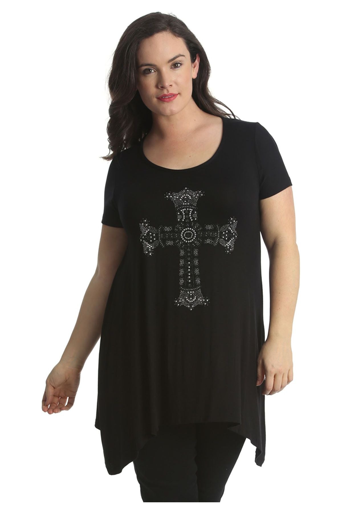 Crown Cross Stud Hanky Hem Short Sleeve Top Tops WearAll Black 14