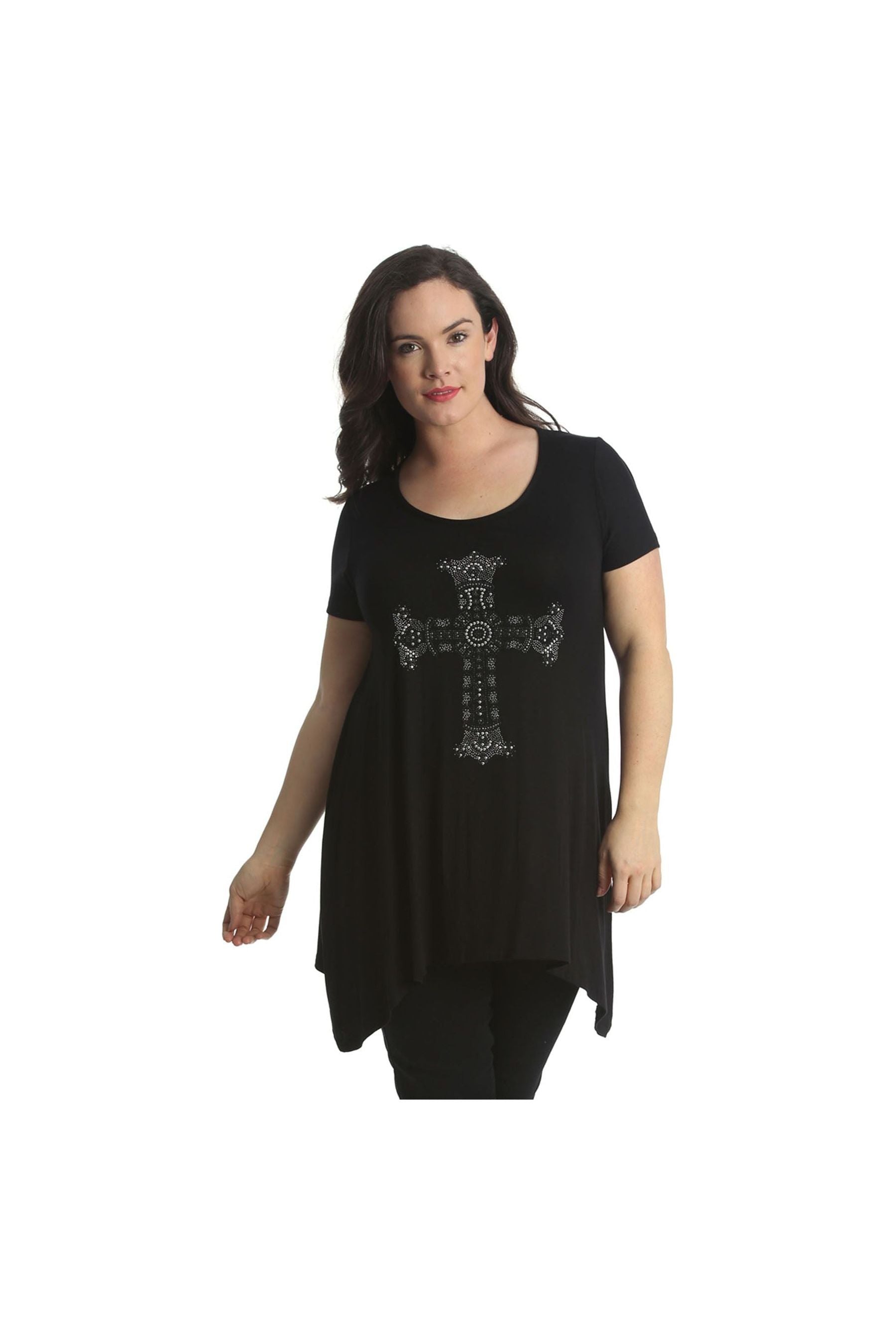 Crown Cross Stud Hanky Hem Short Sleeve Top Tops WearAll Black 22-24