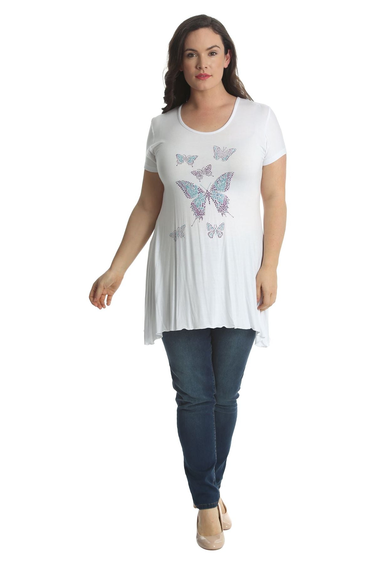 Diamante Butterfly Stud Hanky Hem Short Sleeve Top Apparel & Accessories WearAll