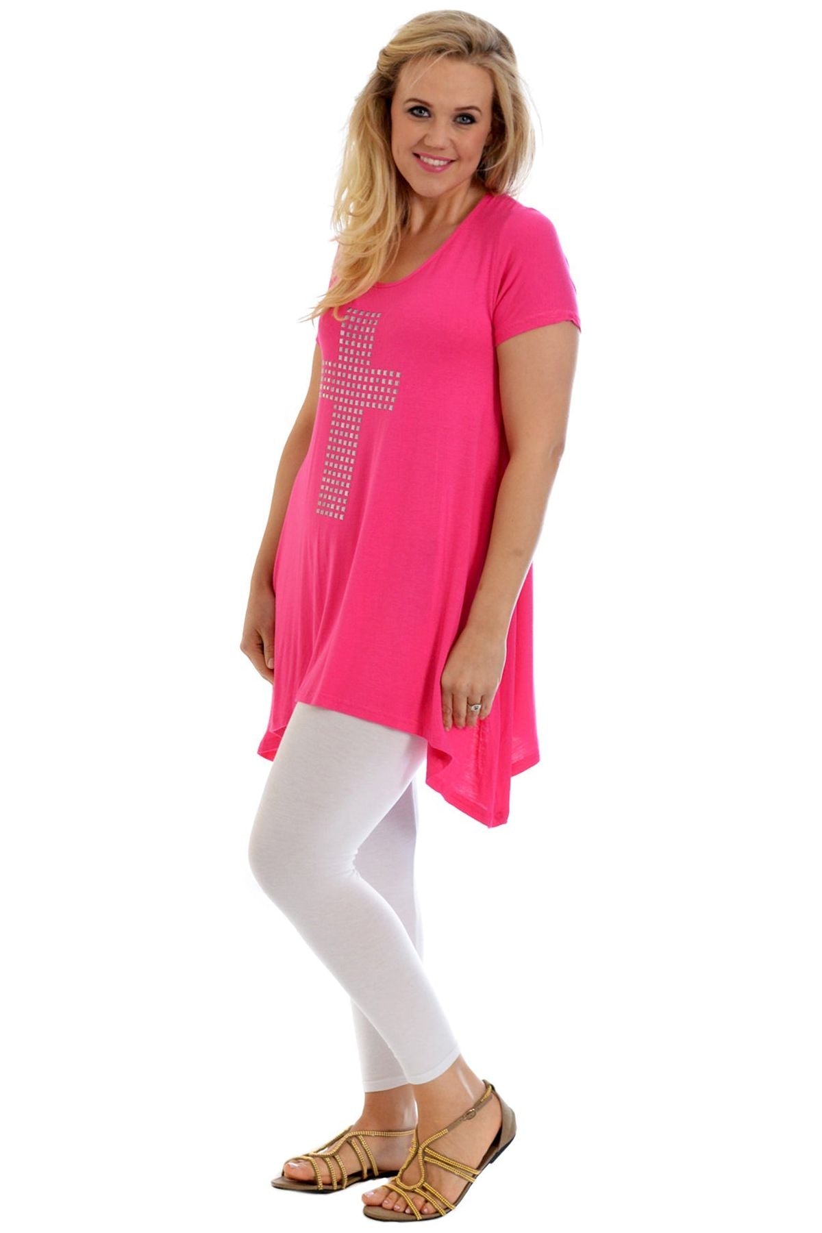 Cross Metallic Stud Hanky Hem Short Sleeve Top Apparel & Accessories WearAll