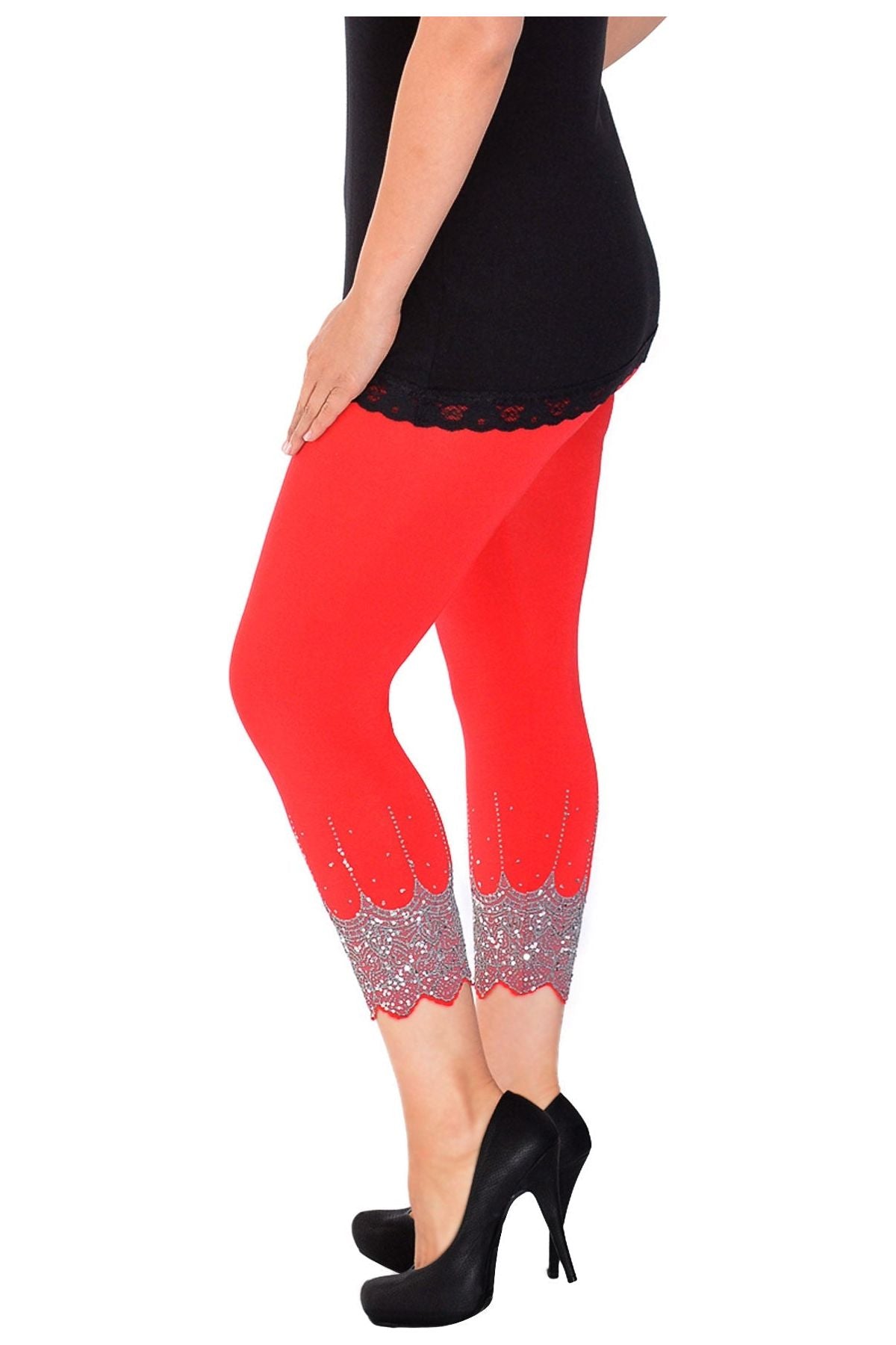 Plus Size Scallop Edge Sequin Leggings Leggings WearAll Red 16-18