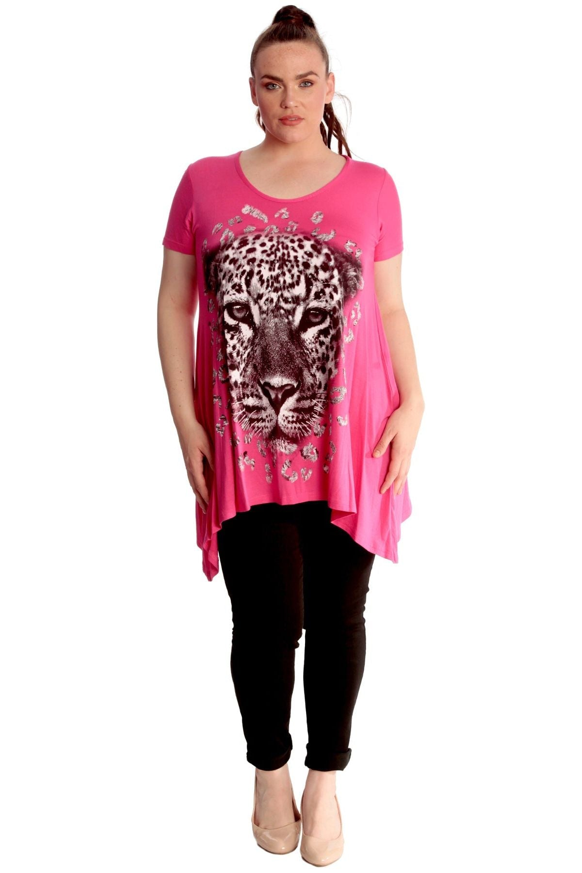 Leopard Print Hanky Hem Short Sleeve Top Tops WearAll