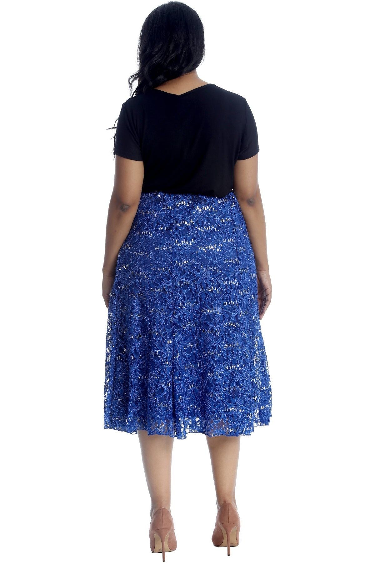 Floral Lace Lined Sequin Flared Midi Skirt Skirt WearAll