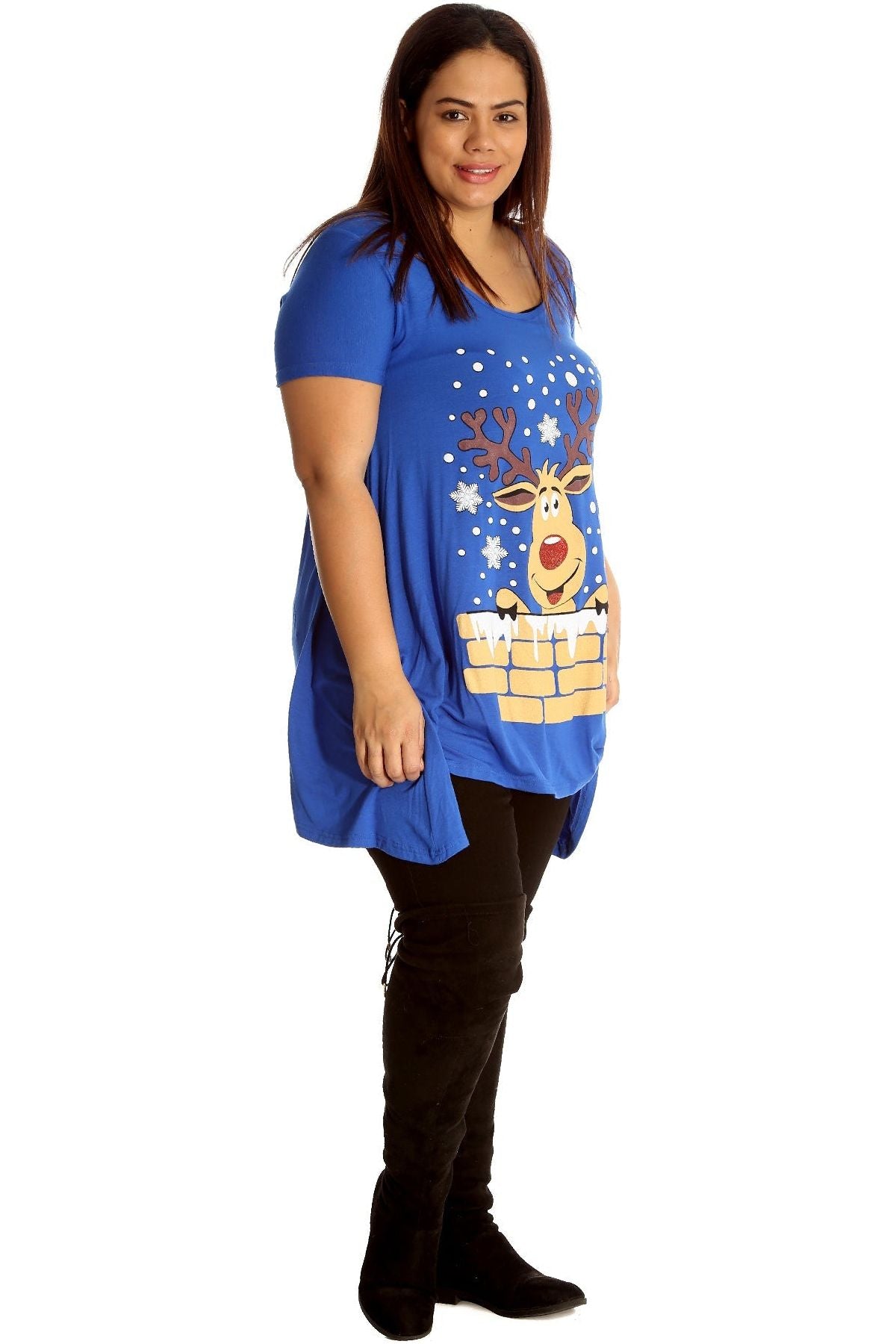 Rudolph on Wall Print Hanky Hem Short Sleeve Top Apparel & Accessories WearAll
