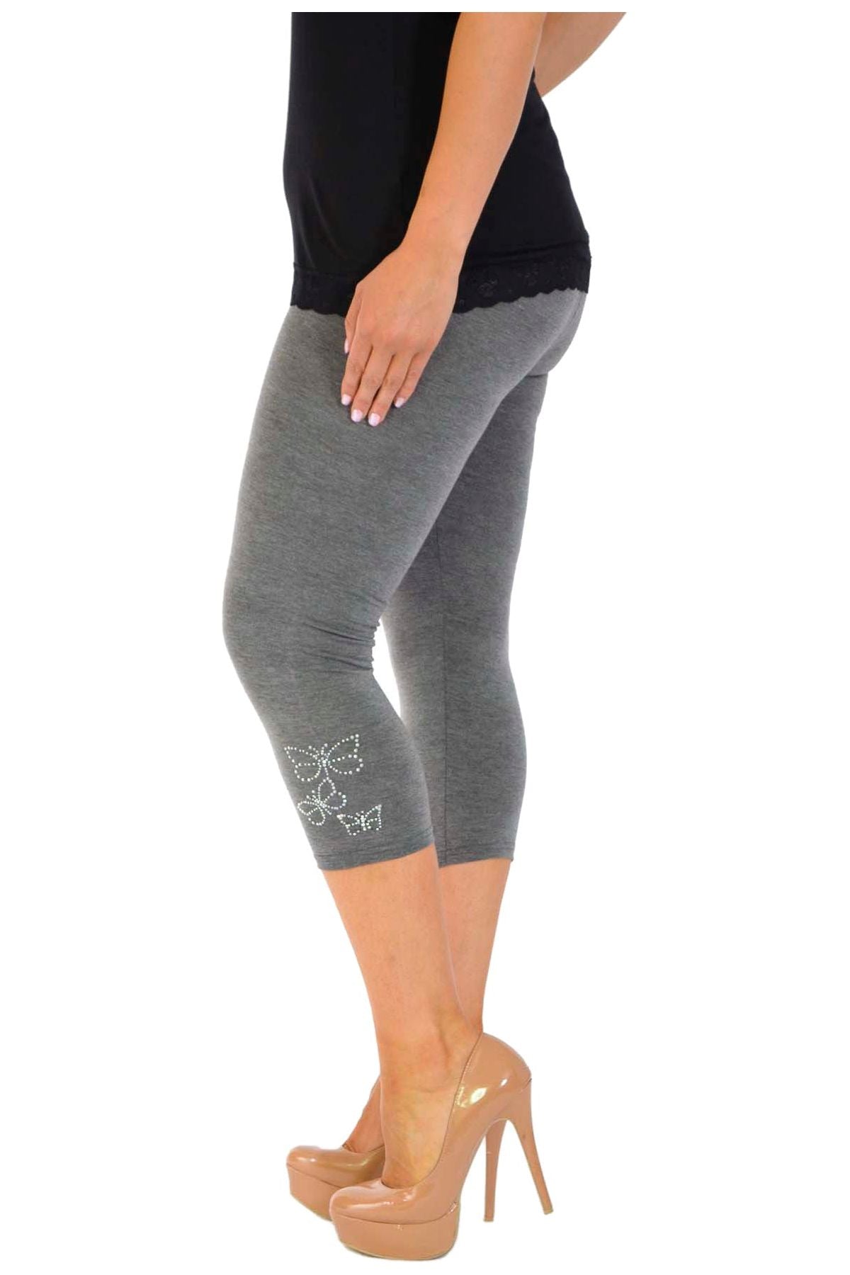 Plus Size 3/4 Butterfly Sequin Leggings Leggings WearAll Dark Grey 16-18