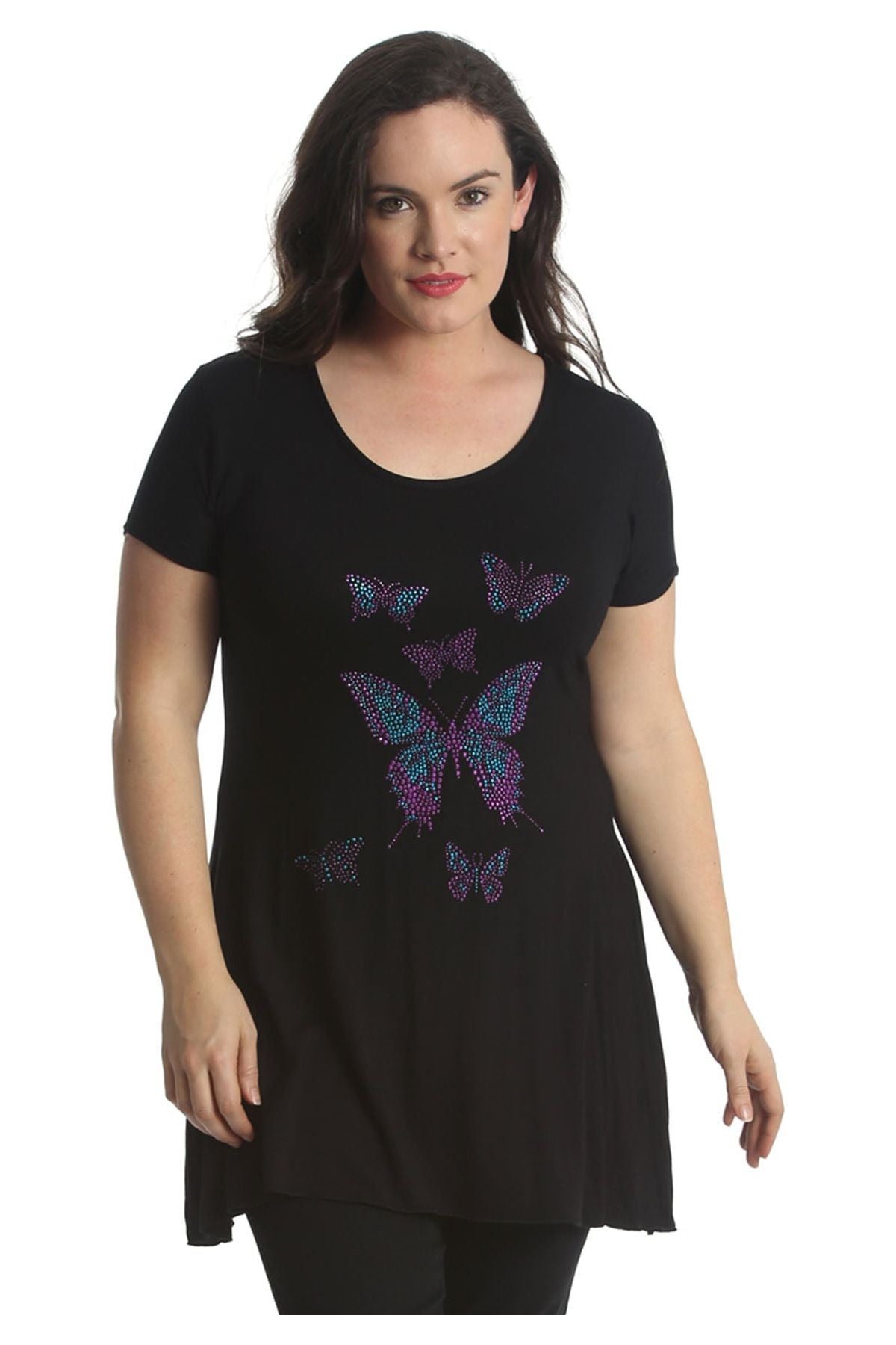 Diamante Butterfly Stud Hanky Hem Short Sleeve Top Apparel & Accessories WearAll