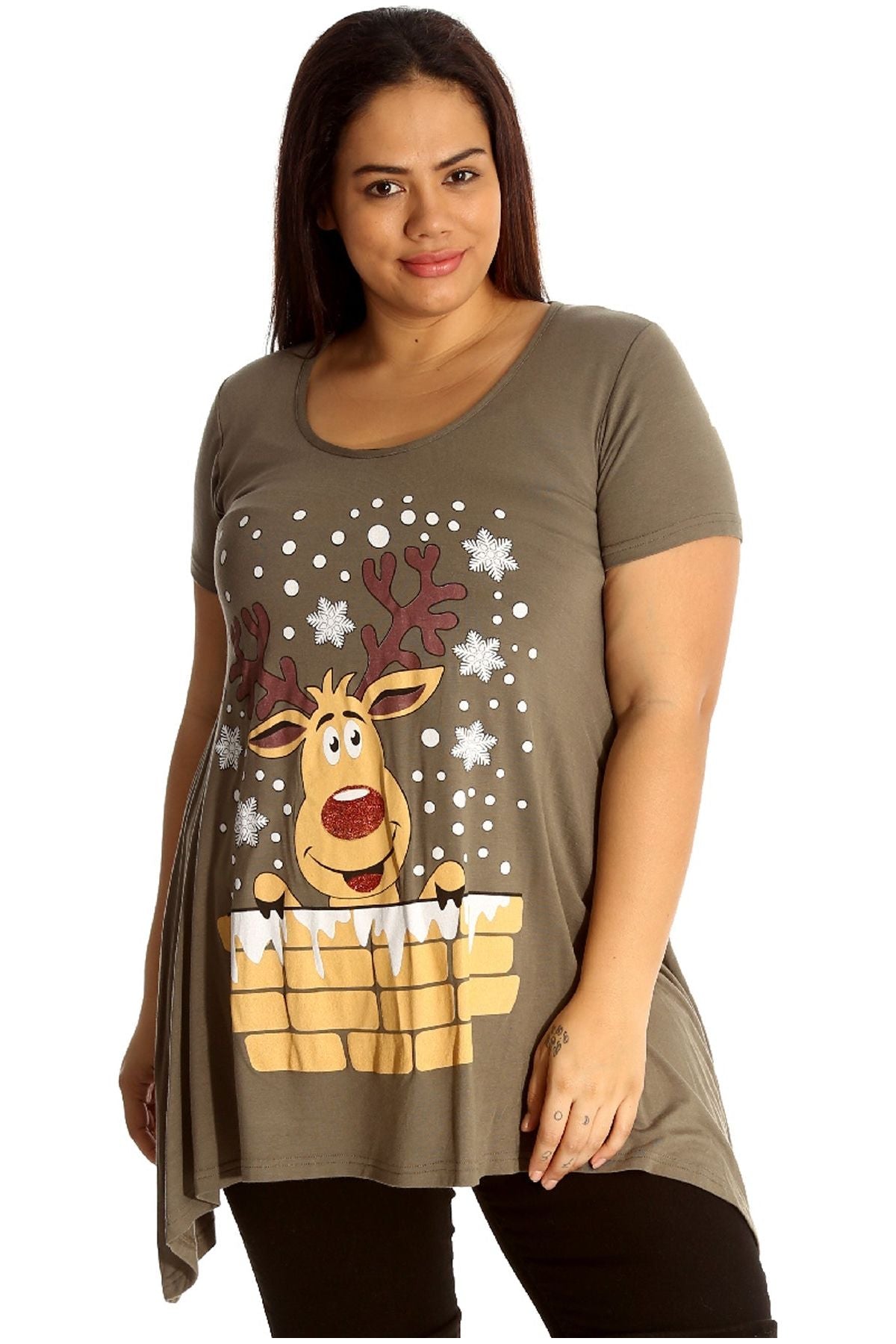 Rudolph on Wall Print Hanky Hem Short Sleeve Top Apparel & Accessories WearAll Mocha 14