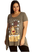 Rudolph on Wall Print Hanky Hem Short Sleeve Top Apparel & Accessories WearAll Mocha 14