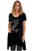 Studded Fur Cat Hanky Hem Short Sleeve Top Apparel & Accessories WearAll Black 16