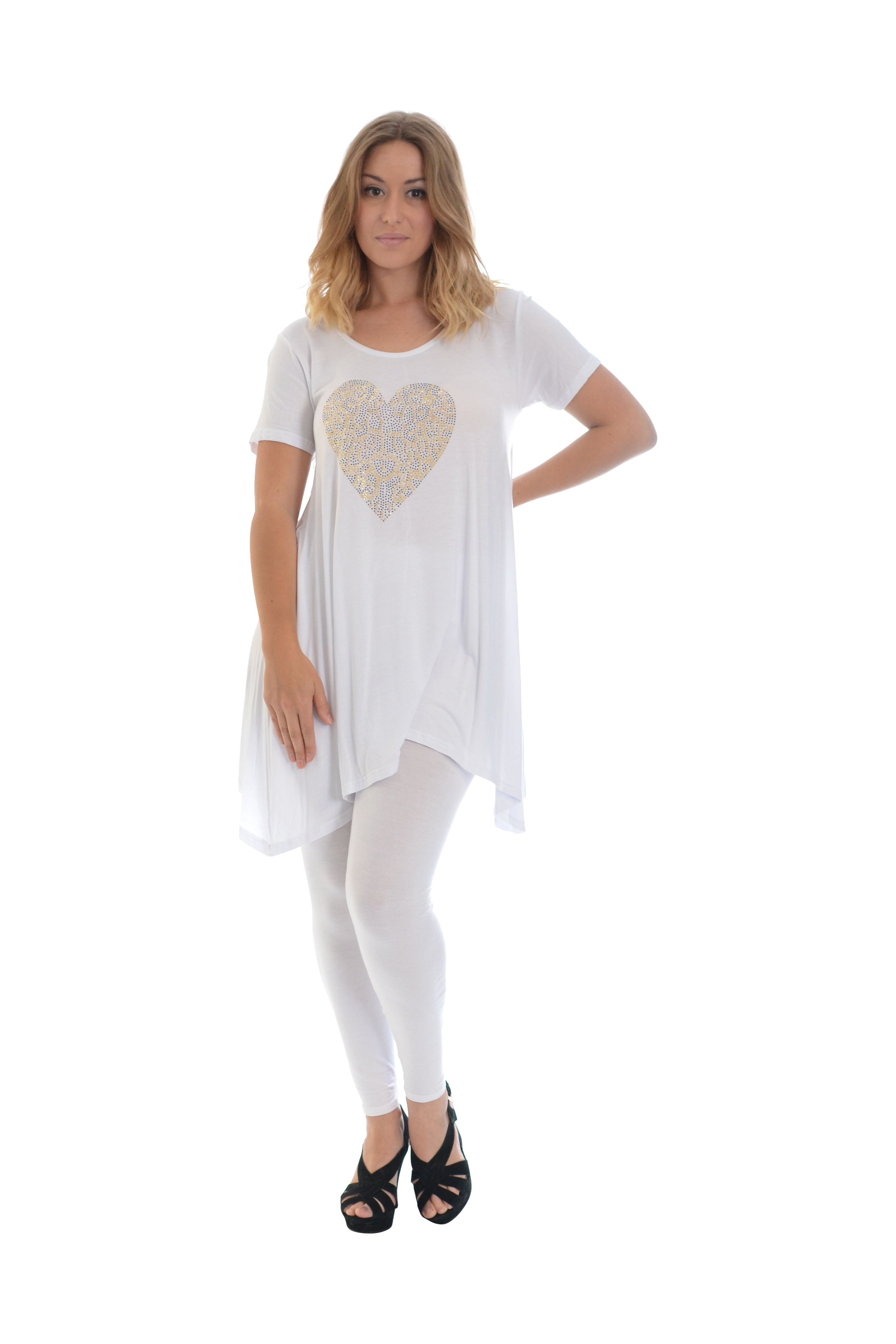 Leopard Print Studded Heart Hanky Hem Short Sleeve Top Apparel & Accessories WearAll