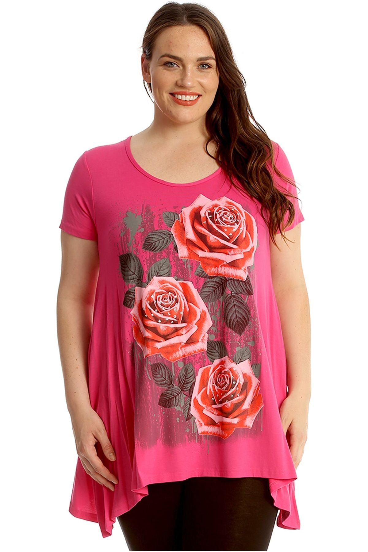 Three Rose Print Hanky Hem Short Sleeve Top Apparel & Accessories WearAll Cerise 14