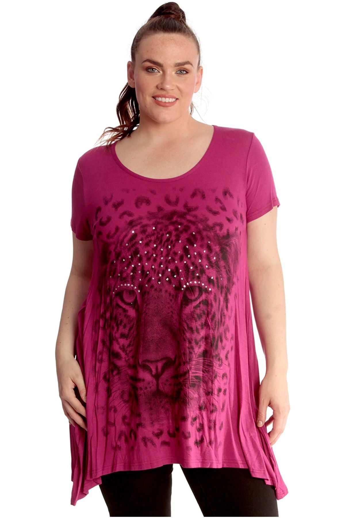 Leopard Print Hanky Hem Short Sleeve Top Tops WearAll