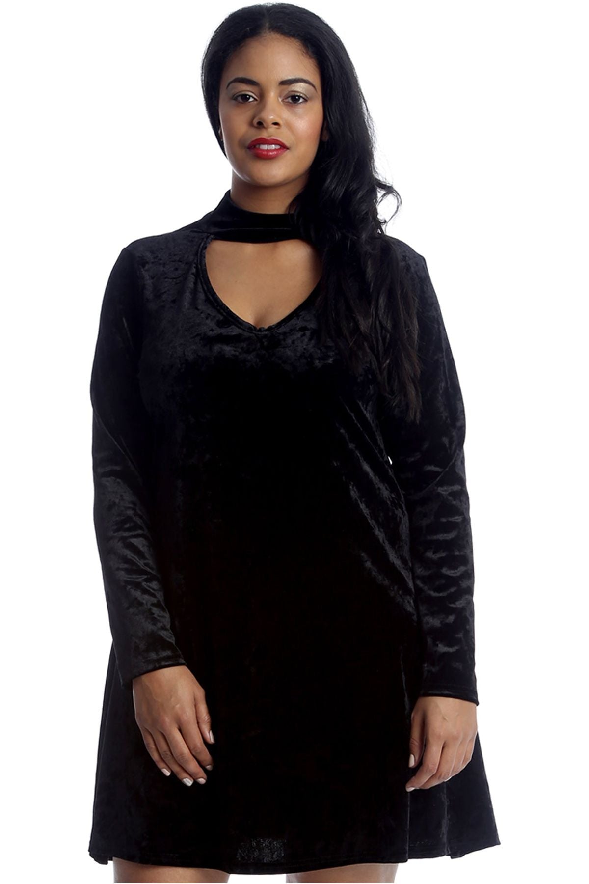 Plus Size Velour Velvet Long Sleeve Choker V-Neck Dress Dress WearAll Black 14