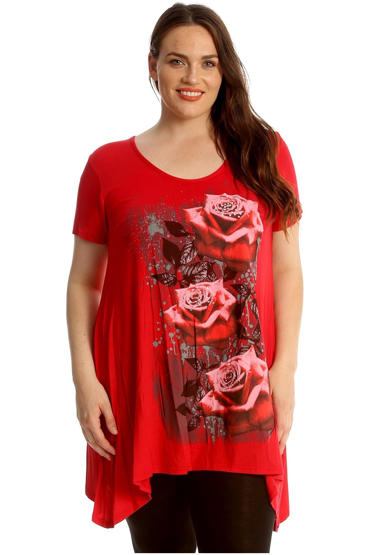 Three Rose Print Hanky Hem Short Sleeve Top