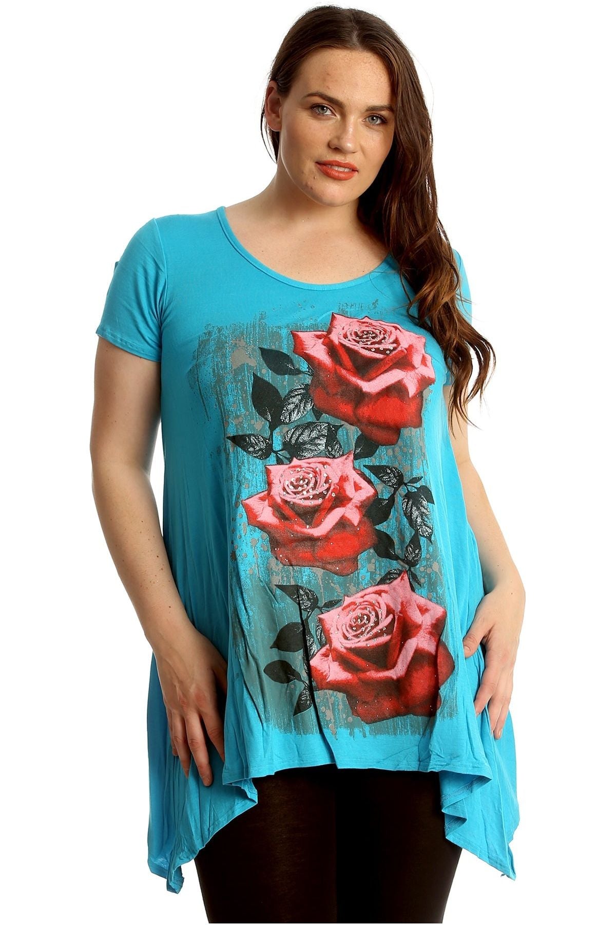Three Rose Print Hanky Hem Short Sleeve Top