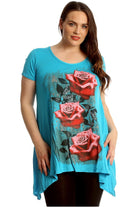 Three Rose Print Hanky Hem Short Sleeve Top