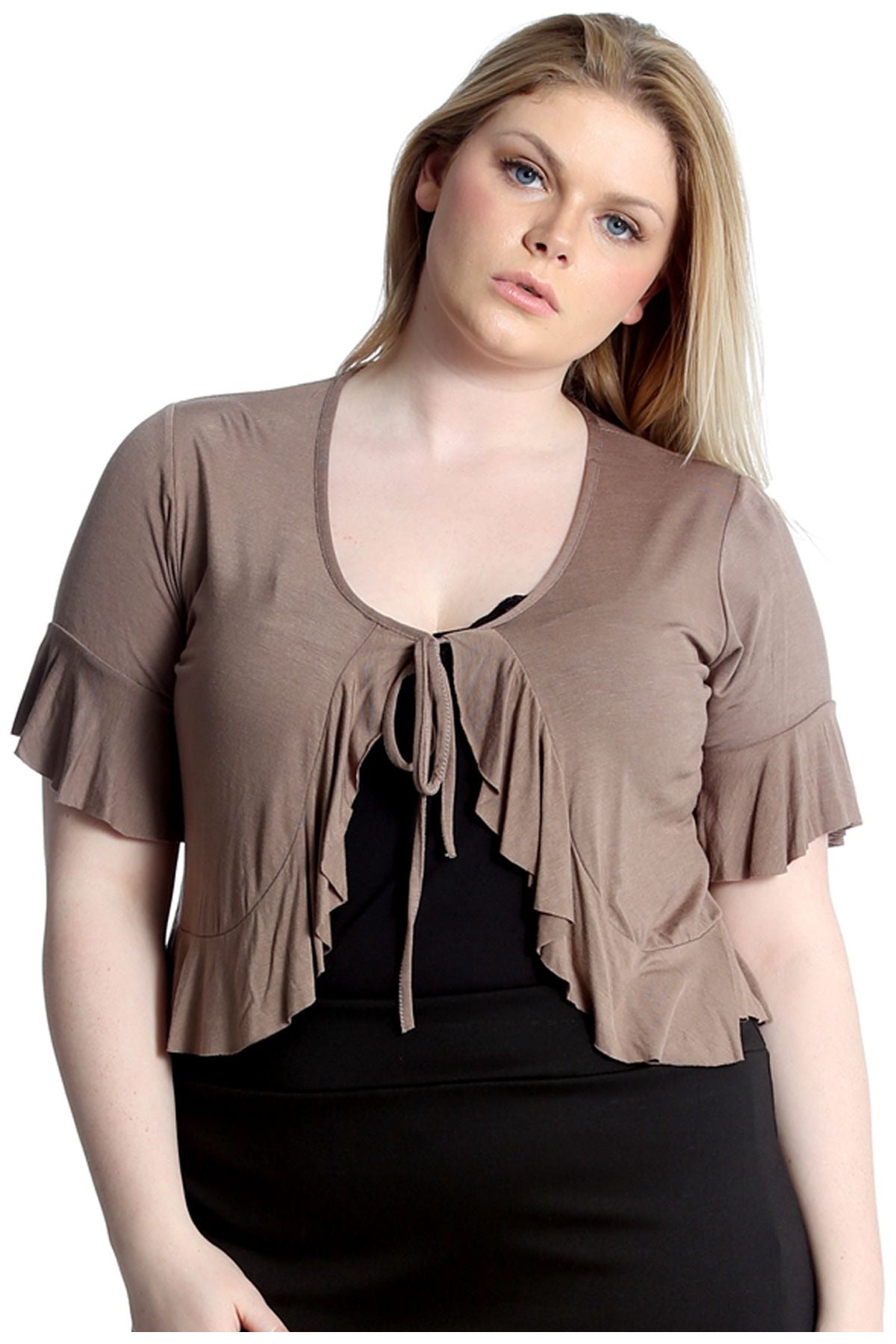 Plus Size Frill Tie Shrug Tops WearAll Mocha 14