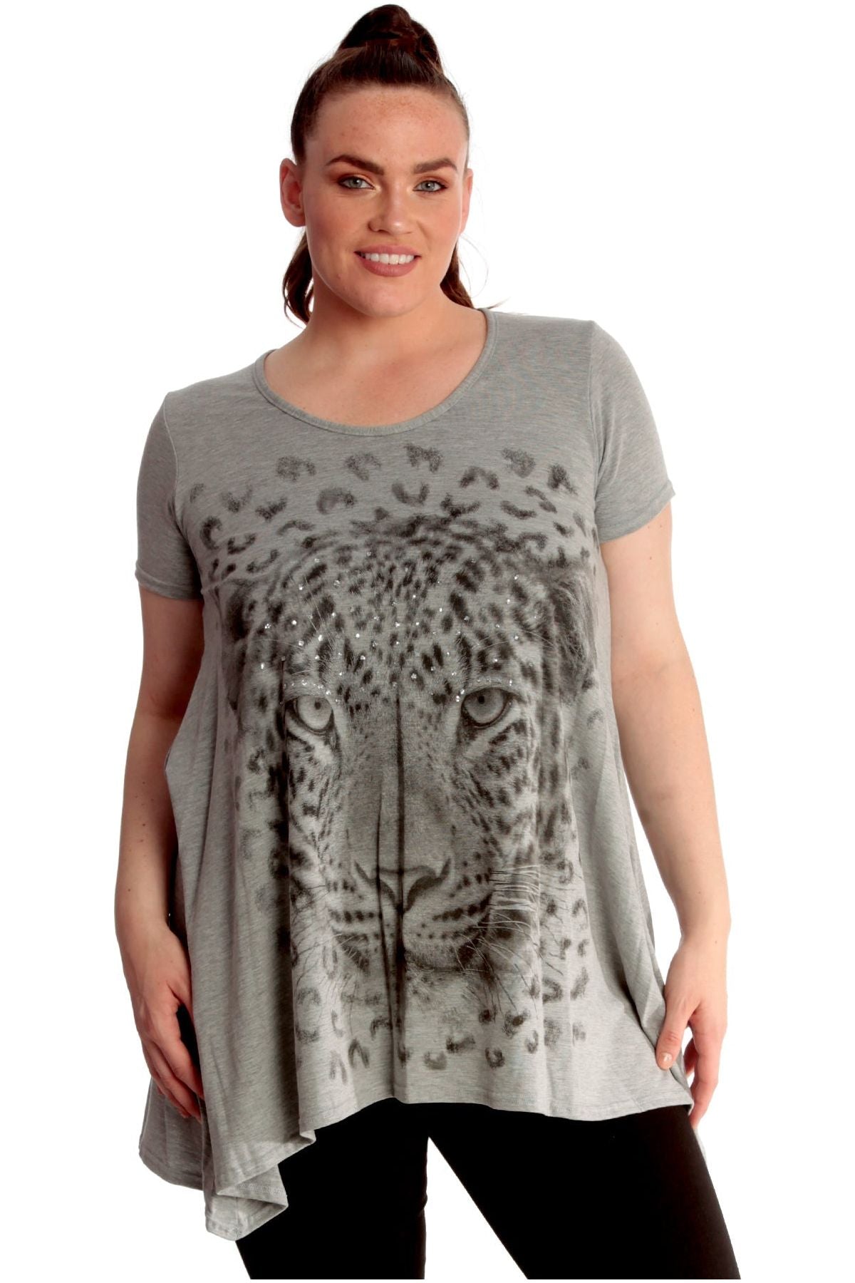 Leopard Print Hanky Hem Short Sleeve Top Tops WearAll Grey 14