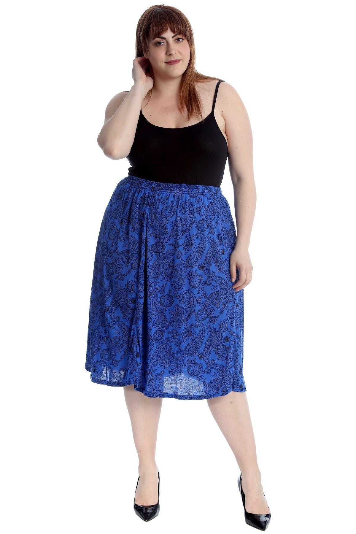 Plus Size Paisley Royal Print Midi Skirt Skirt WearAll