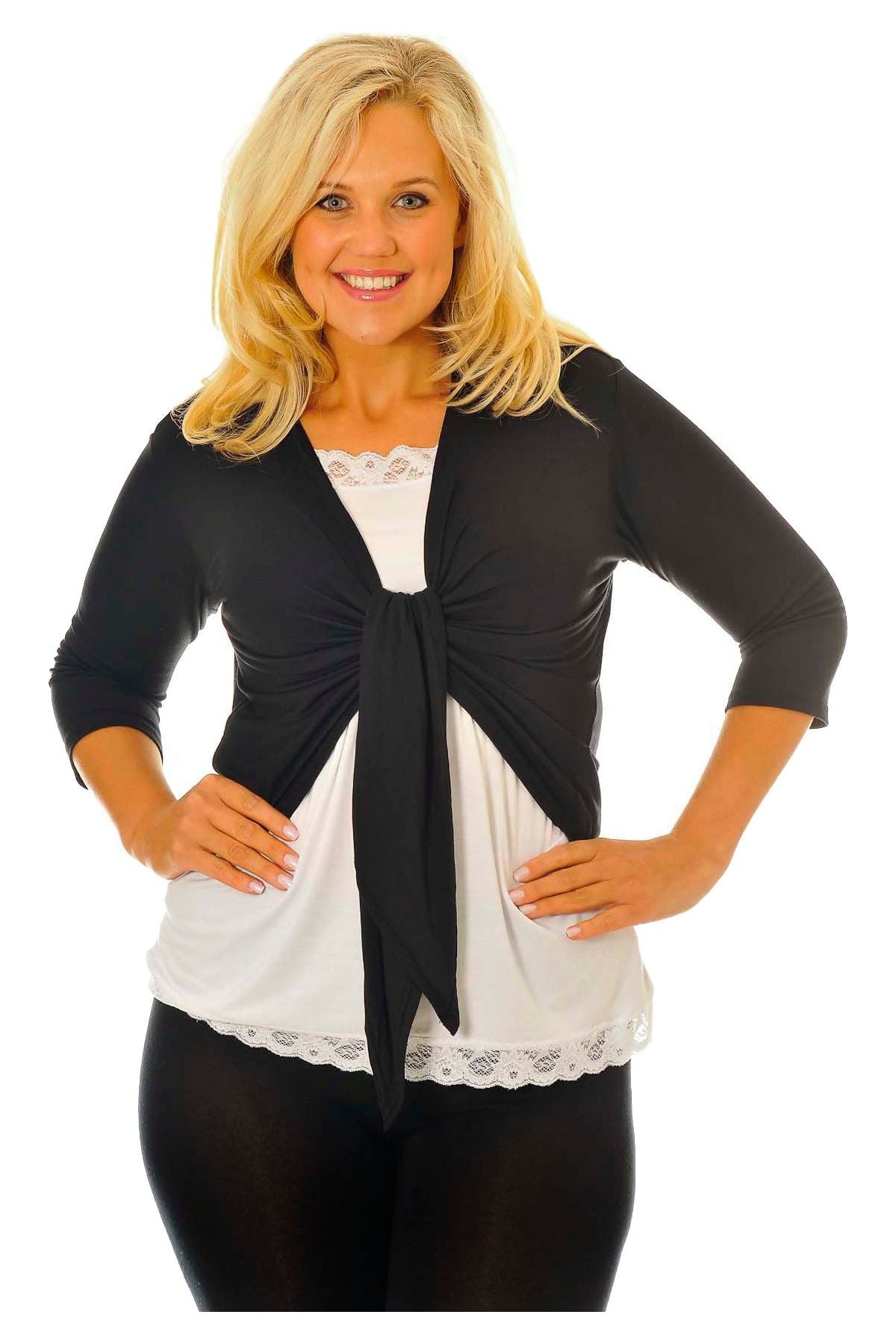 Plus Size 3/4 Sleeve Tie Shrug Tops WearAll Black 14