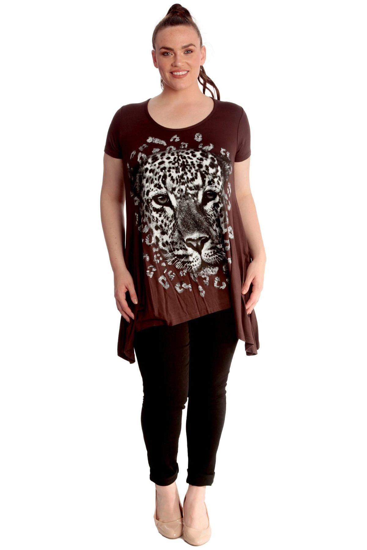 Leopard Print Hanky Hem Short Sleeve Top Tops WearAll