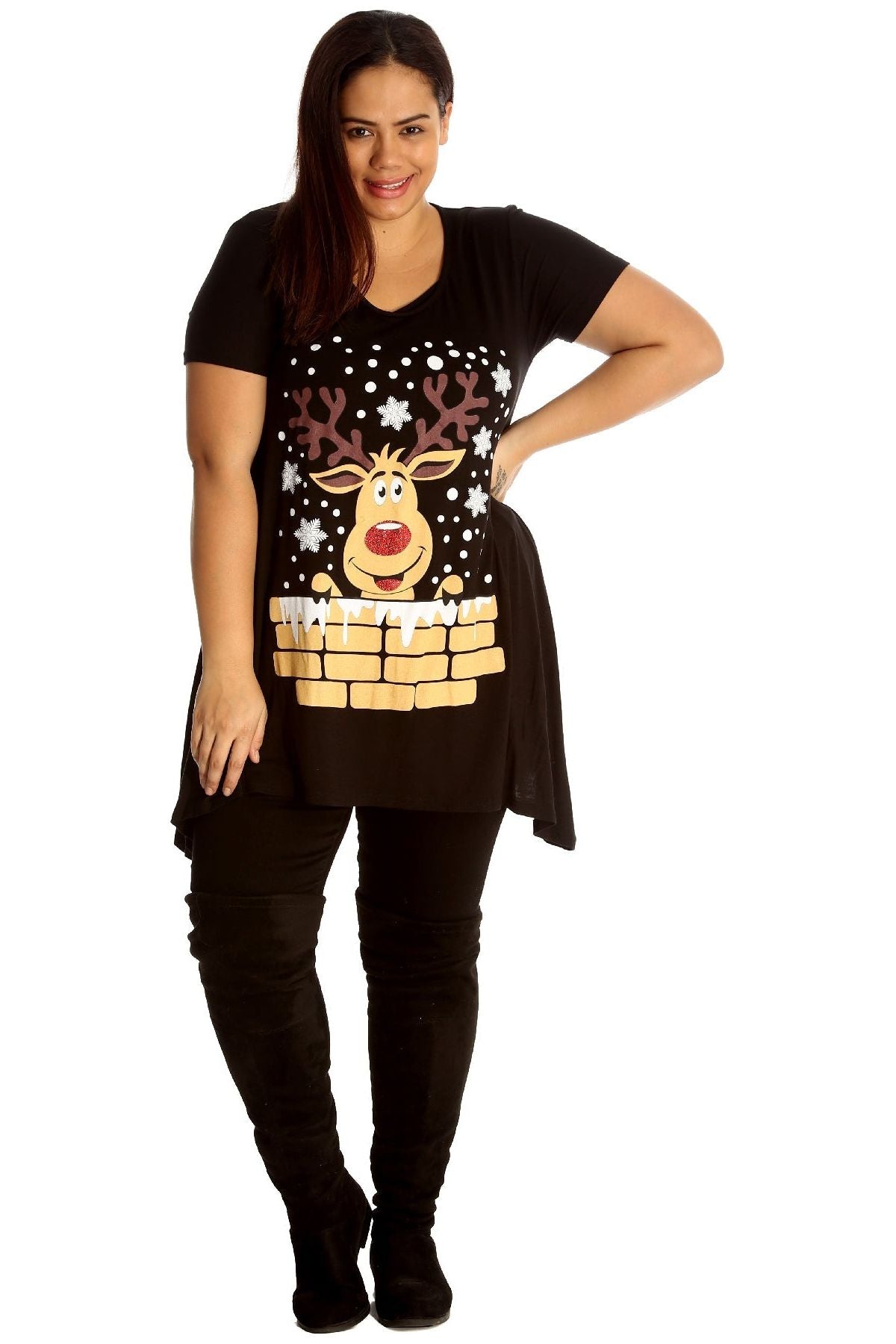 Rudolph on Wall Print Hanky Hem Short Sleeve Top Apparel & Accessories WearAll