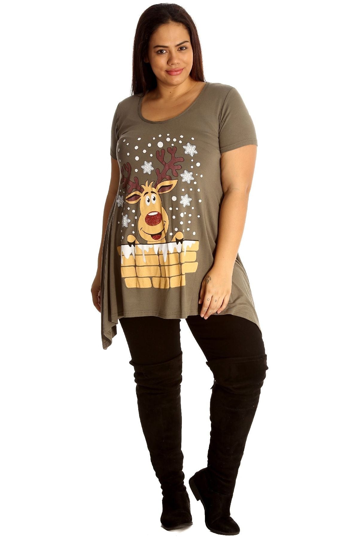 Rudolph on Wall Print Hanky Hem Short Sleeve Top Apparel & Accessories WearAll