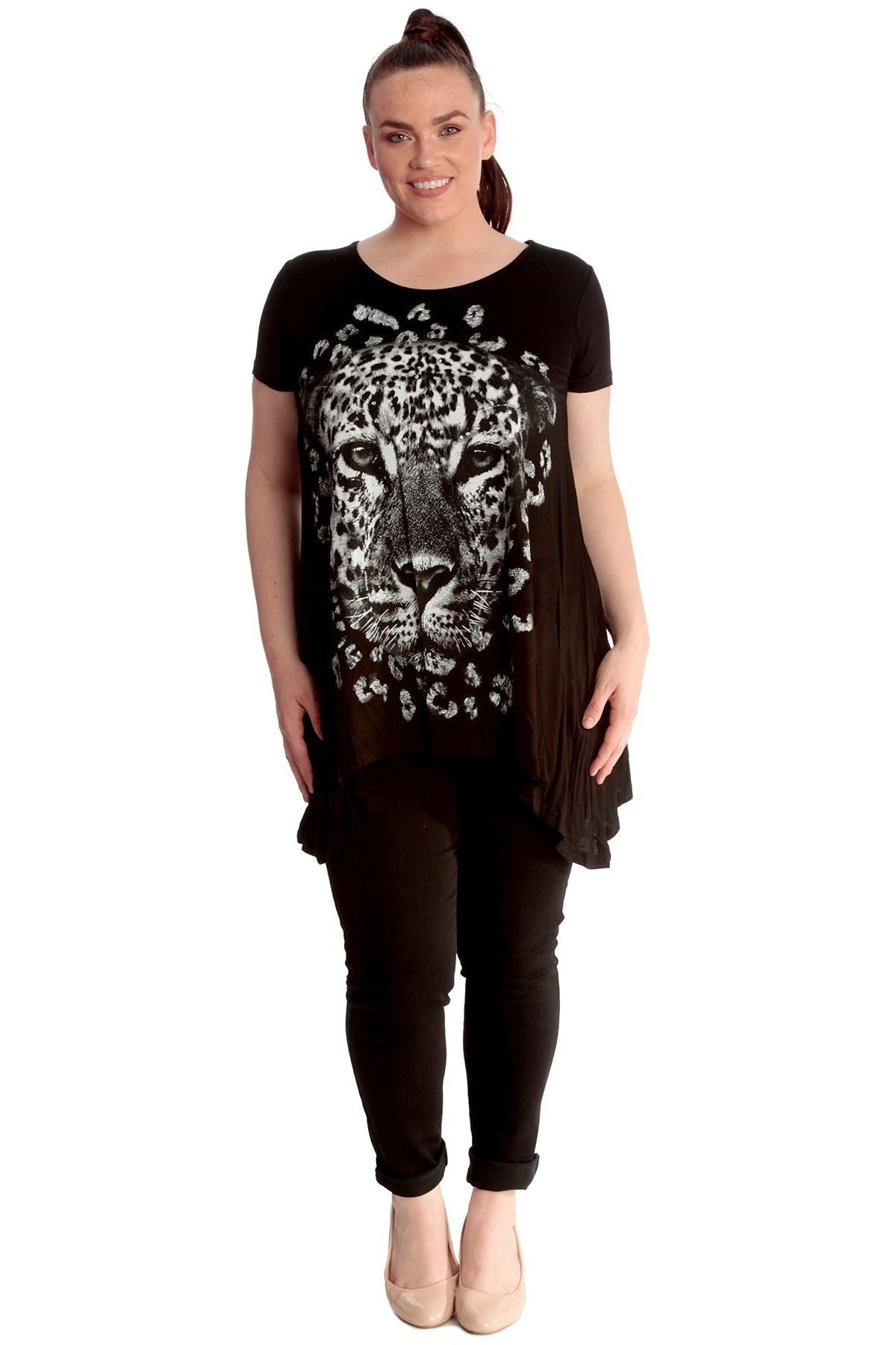 Leopard Print Hanky Hem Short Sleeve Top Tops WearAll