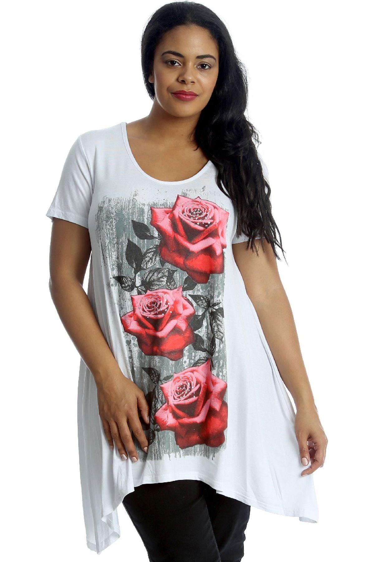Three Rose Print Hanky Hem Short Sleeve Top Apparel & Accessories WearAll