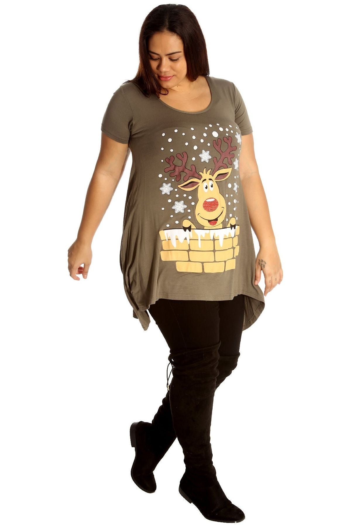 Rudolph on Wall Print Hanky Hem Short Sleeve Top Apparel & Accessories WearAll