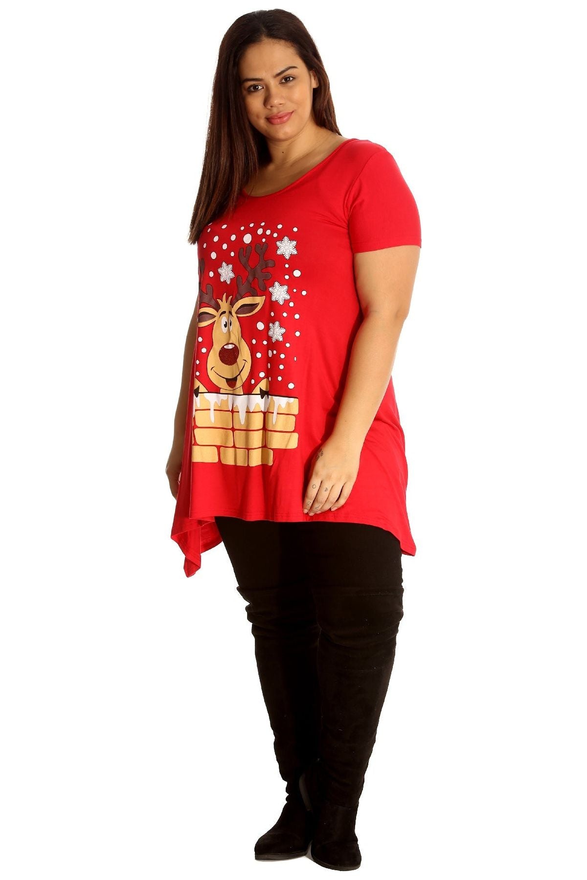 Rudolph on Wall Print Hanky Hem Short Sleeve Top Apparel & Accessories WearAll